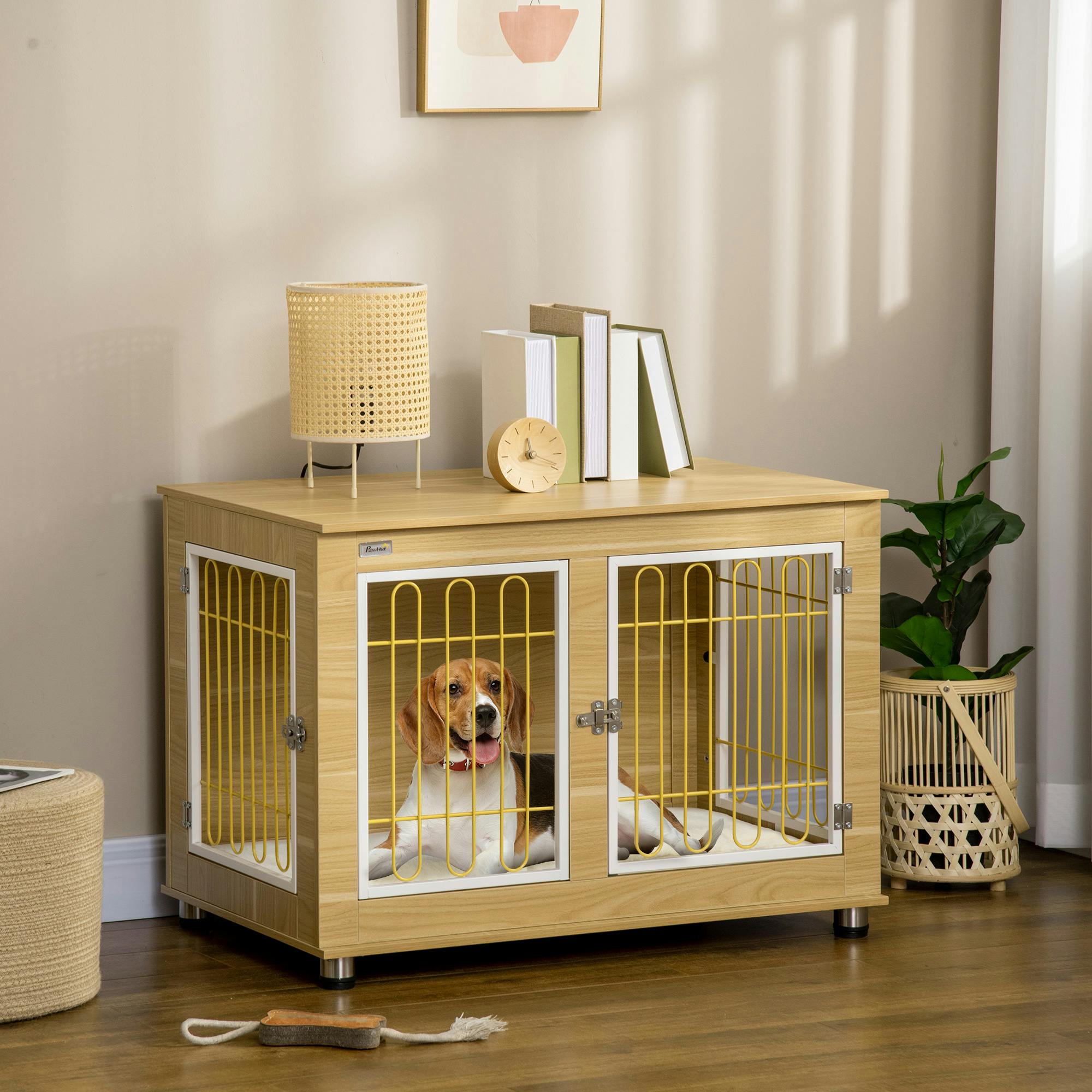 Pawhut Beige Dog Crate Furniture, Dog Crate End Table W/ Soft Cushion, Double Door - 90 X 58 X 65 Cm