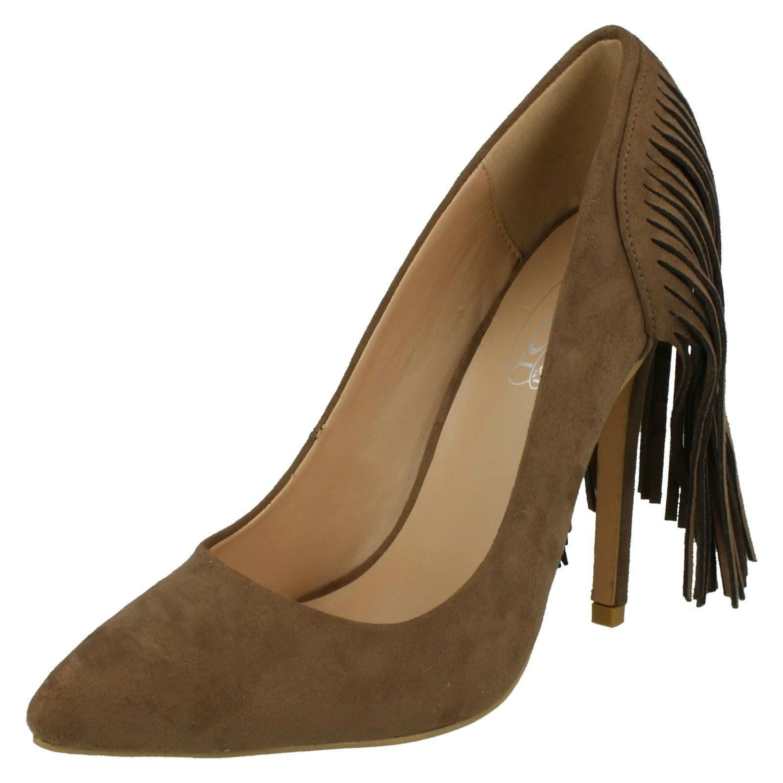 Spot On Women's High Heel Fringe Trim Court Shoe - Taupe - Uk 8