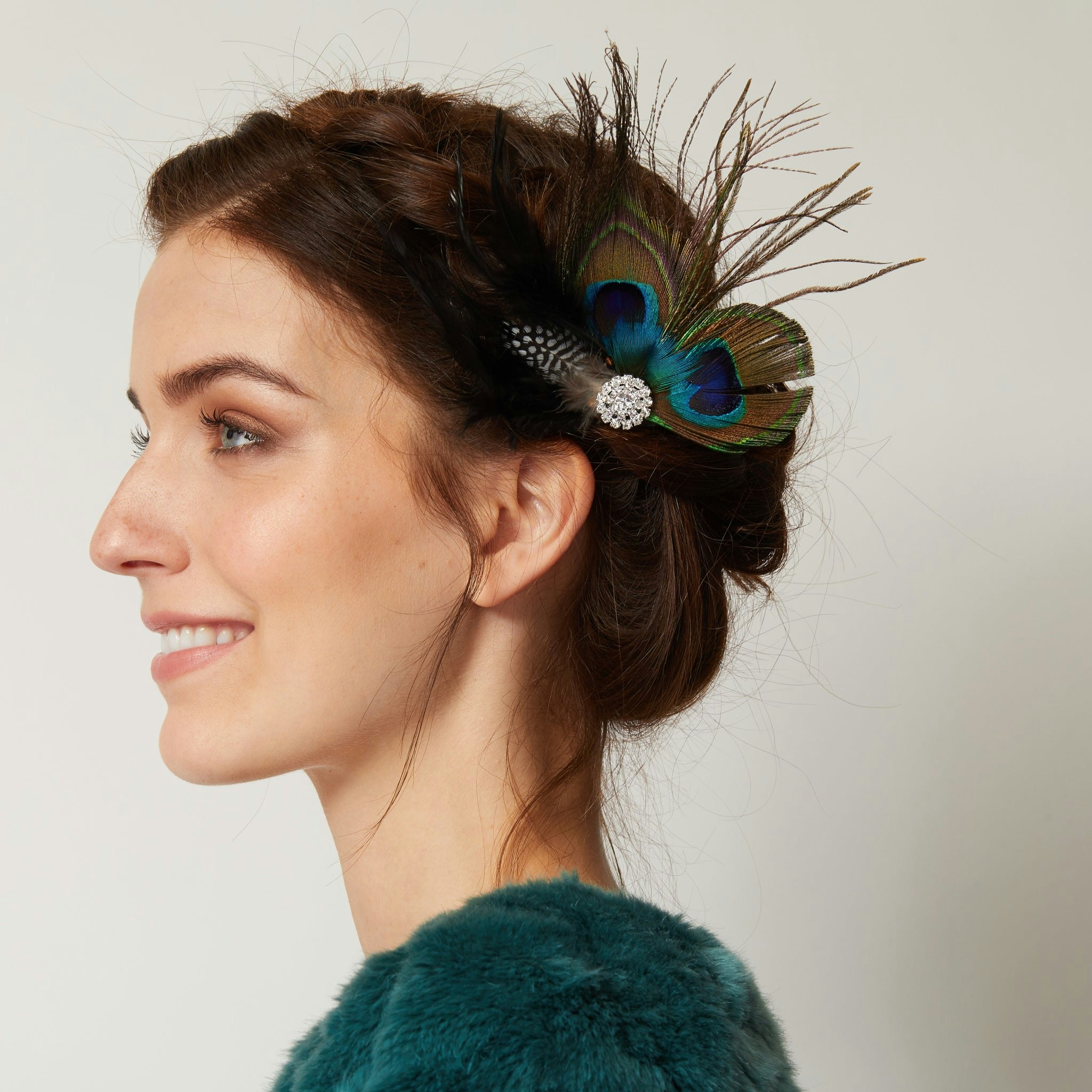Queenmee Accessories Blue/Gold/Brown Peacock Feather Fascinator With Diamante