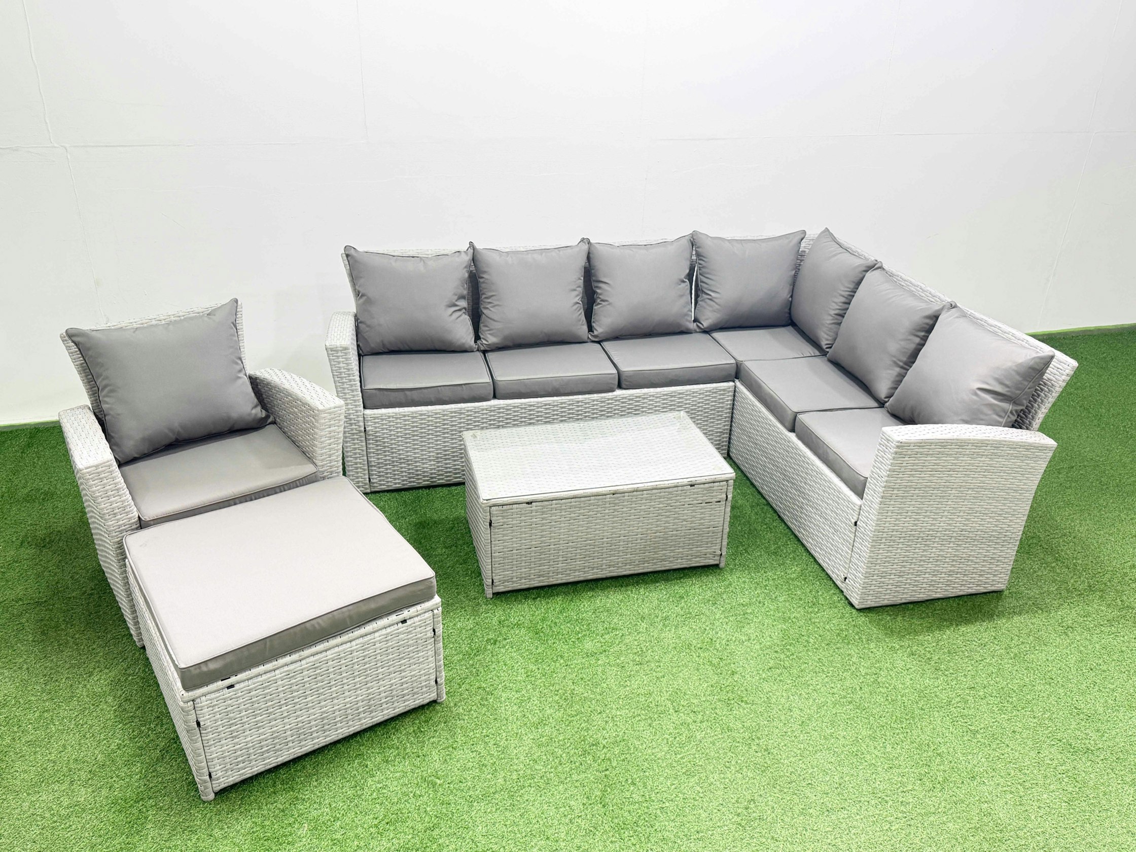 Rackhams Light/Grey Garden Outdoor Pe Rattan Furniture Set 8 Seater Rattan Garden Sofa Set With Big Footstool Mixed
