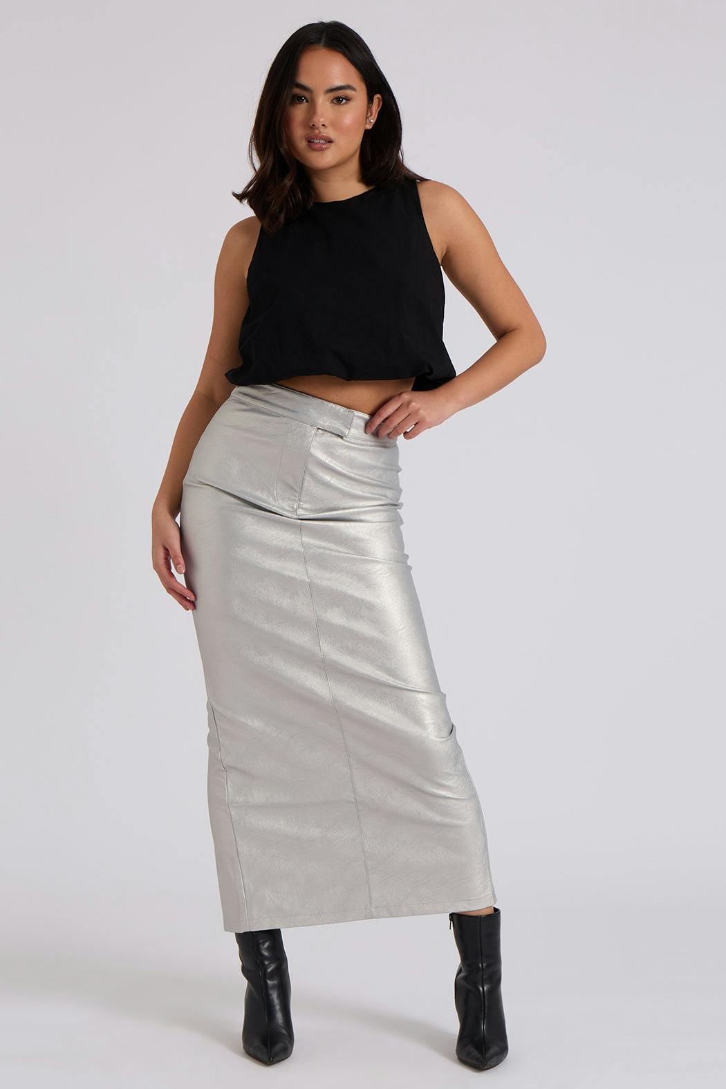 Urban Bliss Silver Pu Split Back Maxi Skirt - 14