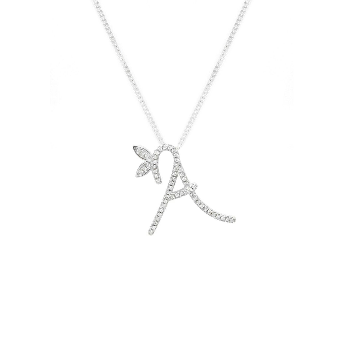 Say It With Silver 1 Inch Winged Full Cz Stones Initial Necklace - Sterling - A
