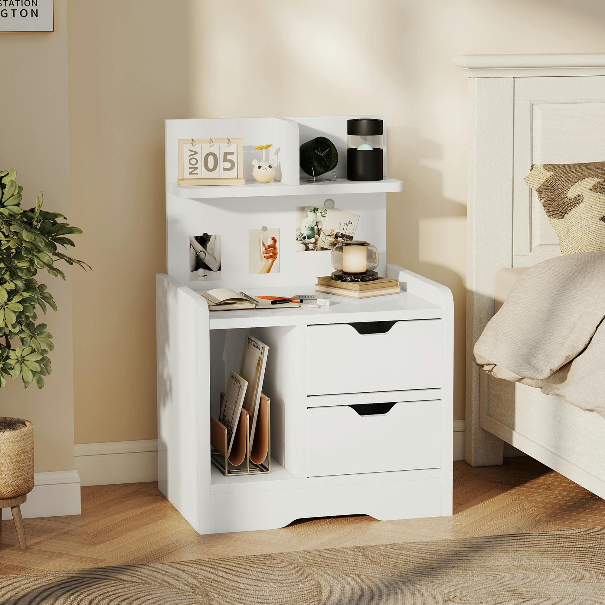 Rackhams Modern Bedside Table With 2 Drawers And Open Shelves For Bedroom - 60