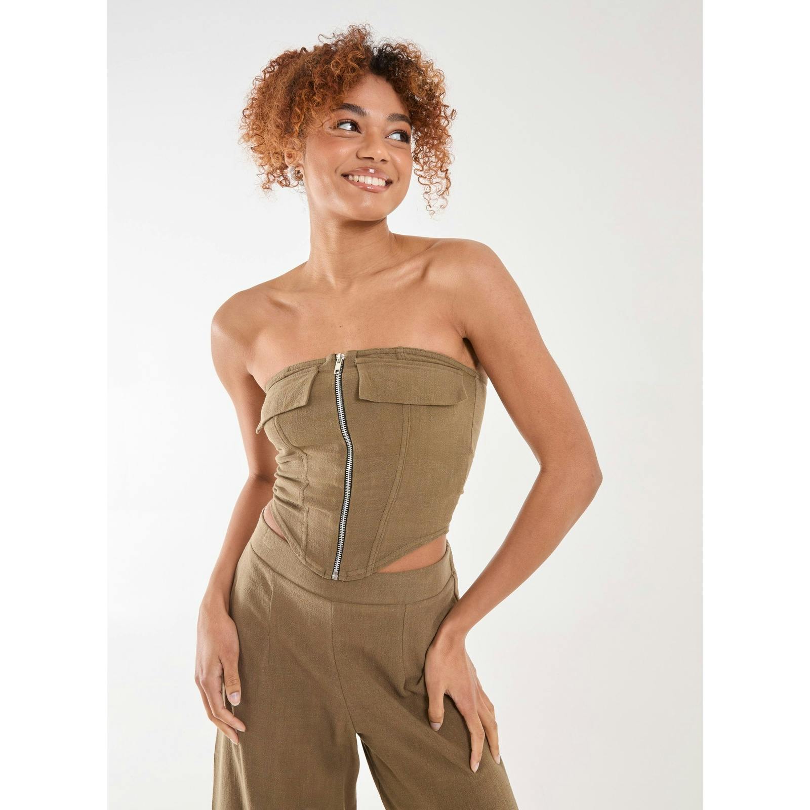 Pink Vanilla Linen Cargo Corset Top - Uk 8 - Khaki
