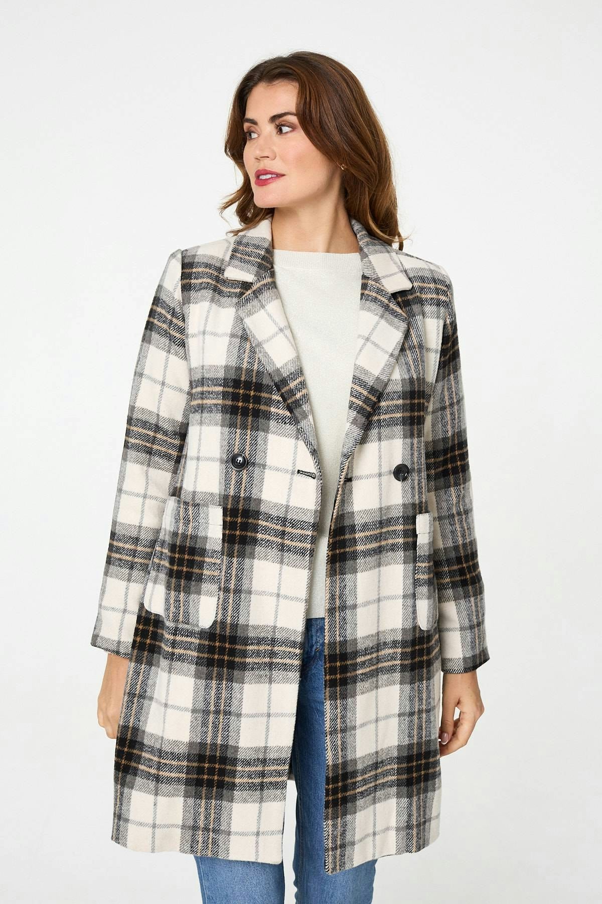 Izabel London Beige Checked Double Breasted Longline Coat - 10