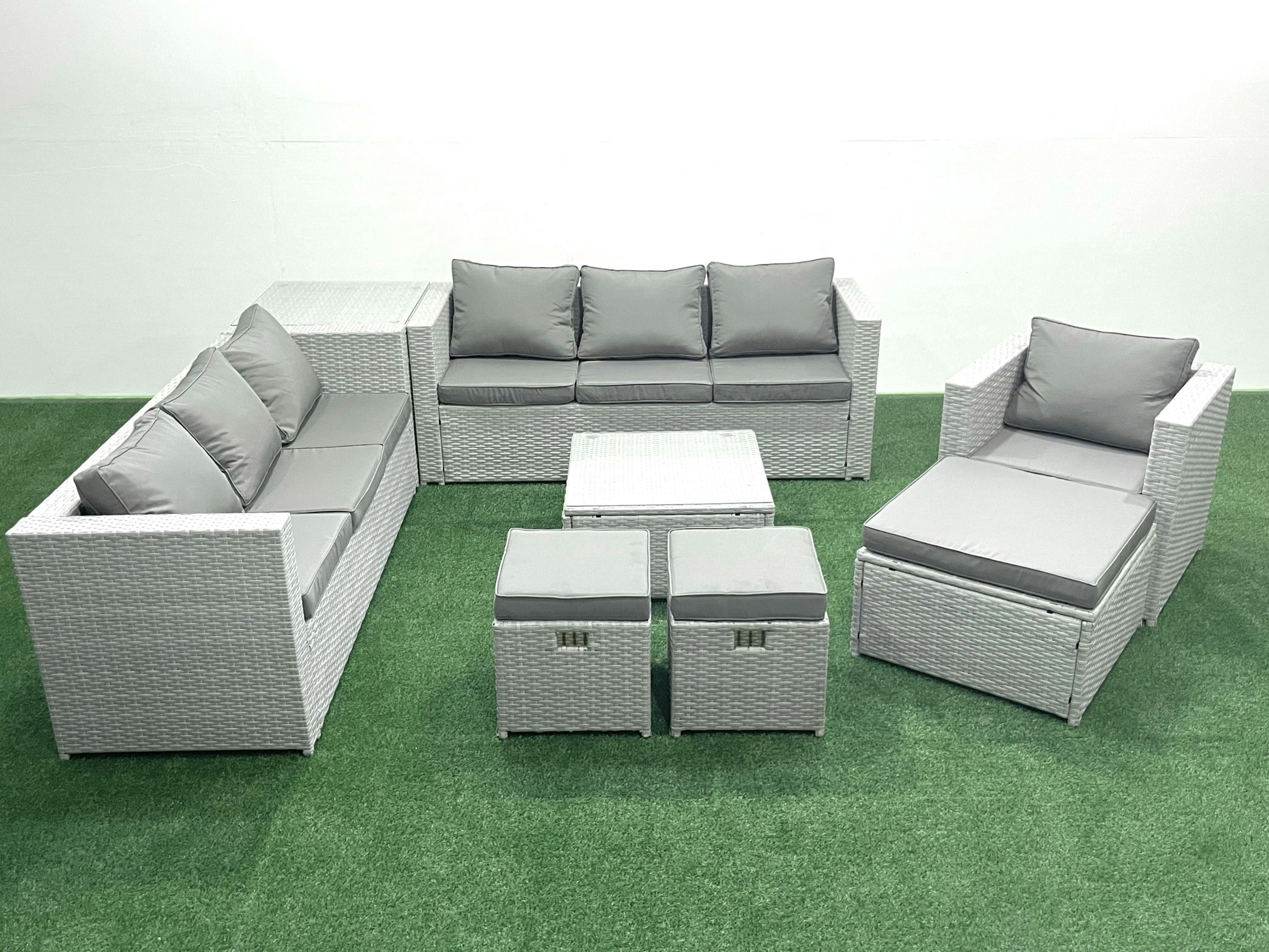 Fimous Light/Grey Wicker Pe Rattan Sofa Garden Furniture Set With Armchair Square Coffee Table 3 Footstools Side Table Mixed