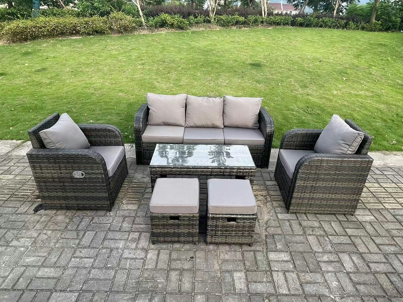Fimous Dark/Grey 7 Seat Pe Rattan Garden Furniture Set Adjustable Chair Lounge Sofa Set Oblong Coffee Table Stools Mixed