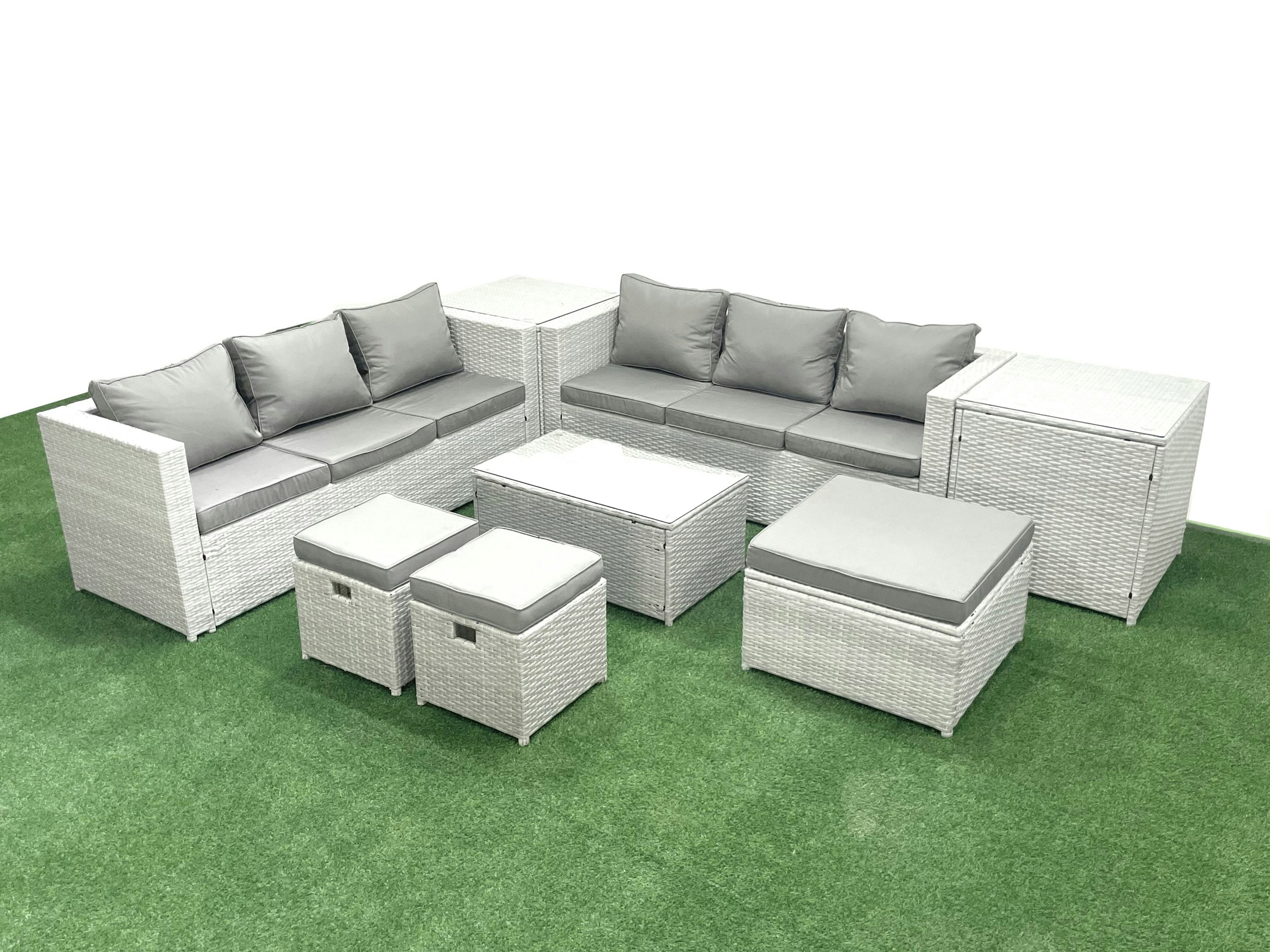 Fimous Light/Grey Garden Outdoor Pe Rattan Furniture Set 9 Seater Rattan Garden Sofa Set With 3 Footstools 2 Side Tables Mixed