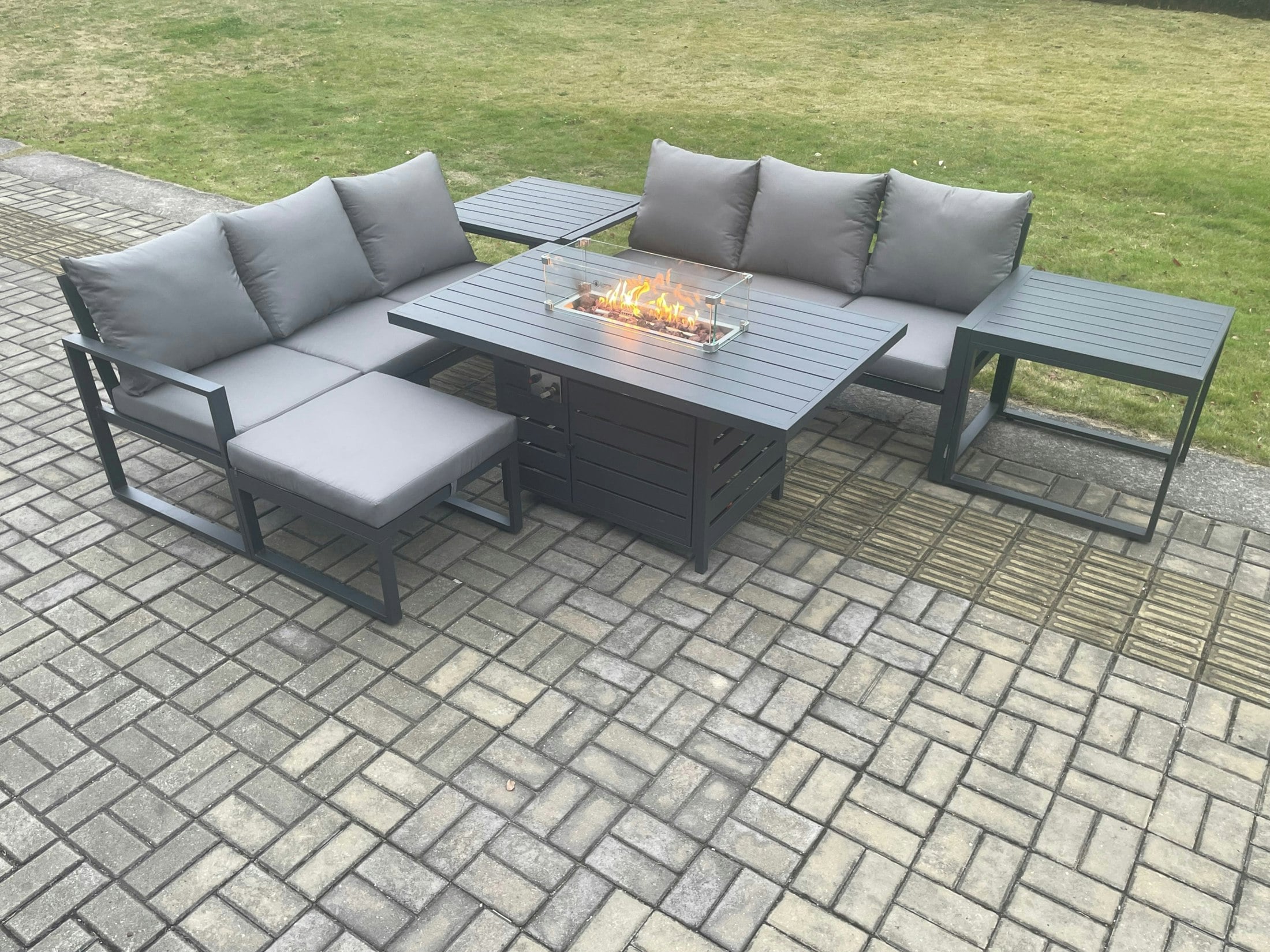 Fimous Dark/Grey Aluminium 7 Seater Outdoor Garden Furniture Lounge Sofa Set Gas Fire Pit Dining Table With Big Footstool 2 Side Tables