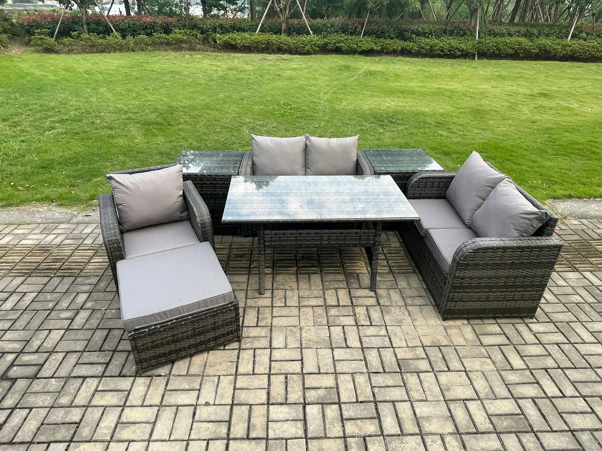 Rackhams Dark/Grey Lounge Rattan Sofa Set Outdoor Garden Furniture Oblong Rectangular Dining Table With Chairs 2 Side Tables Big Footstool Mixed