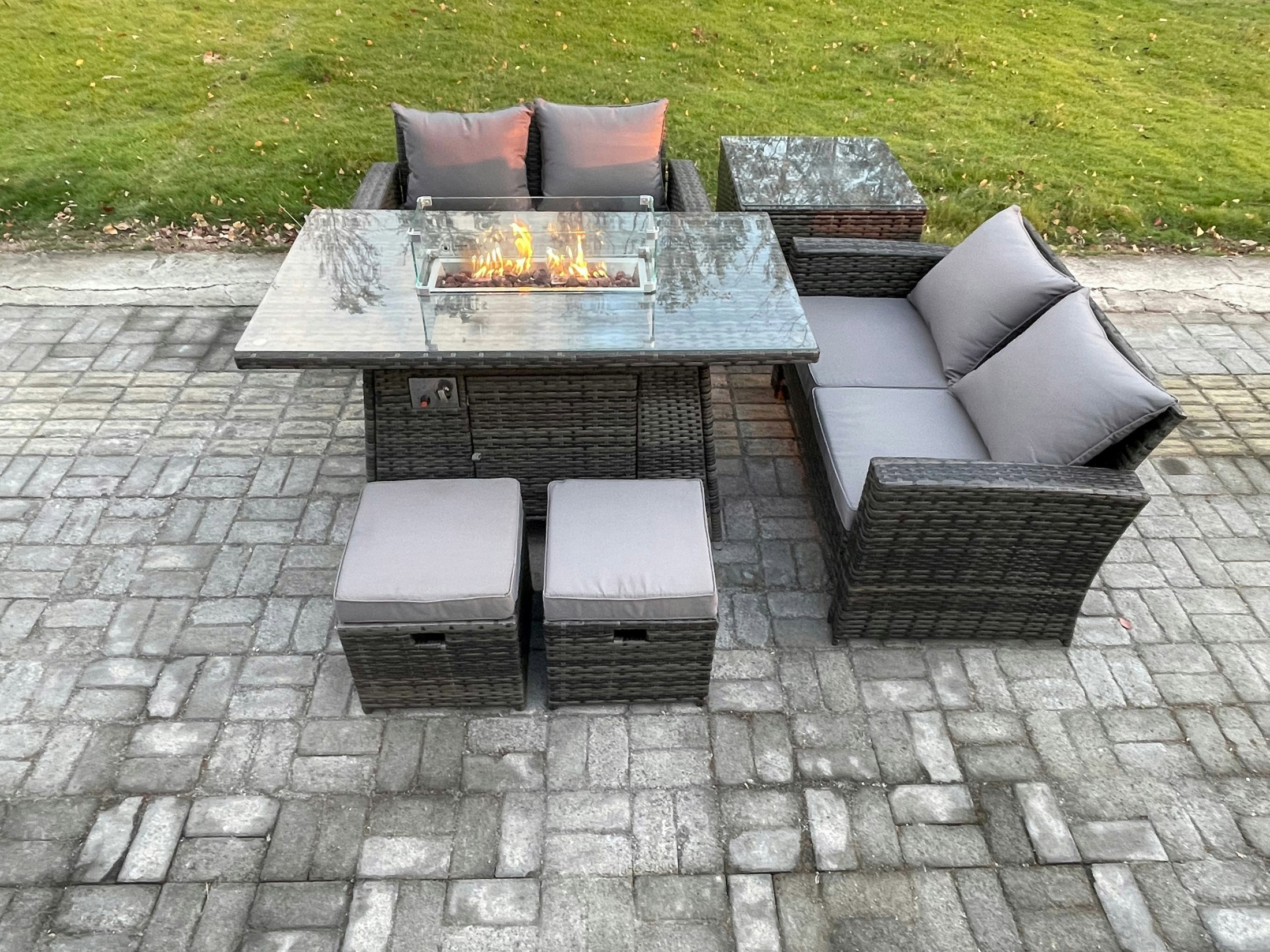 Rackhams 6 Pieces Garden Furniture Sets Poly Rattan Outdoor Patio Gas Fire Pit Dining Table Sofa Set With Side Table 2 Small Footstools