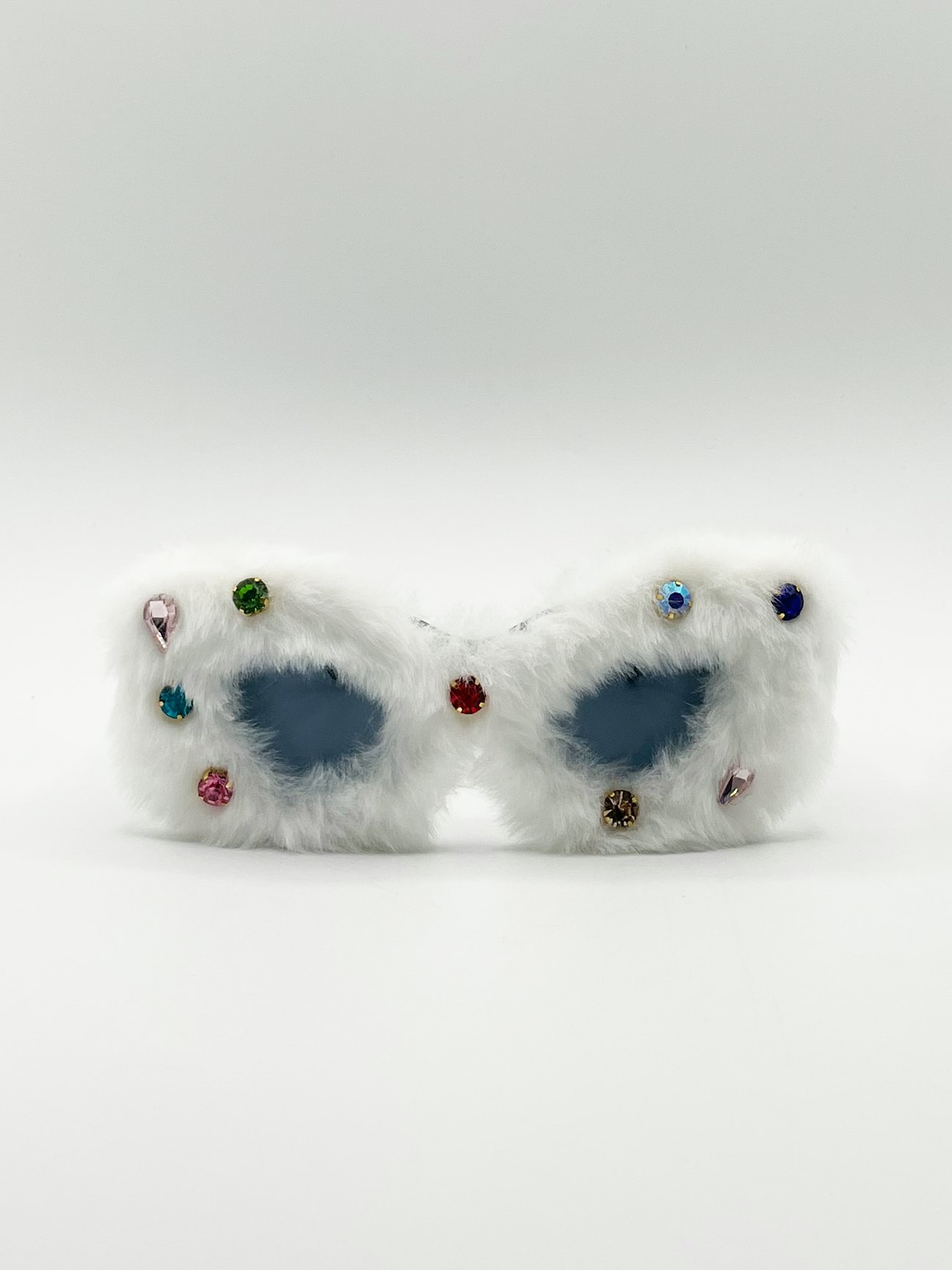 Svnx White Faux Fur Cateye Sunglasses With Multicoloured Gems - One Size