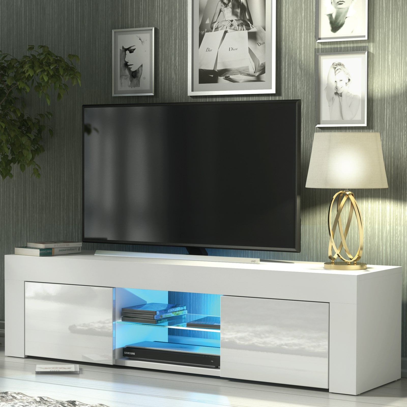 Rackhams White Striking 130Cm Tv Unit & Cabinet High Gloss Doors Free Led Lights - 130 Cm - Mdf/Chipboard - Matt Body & Gloss Doors