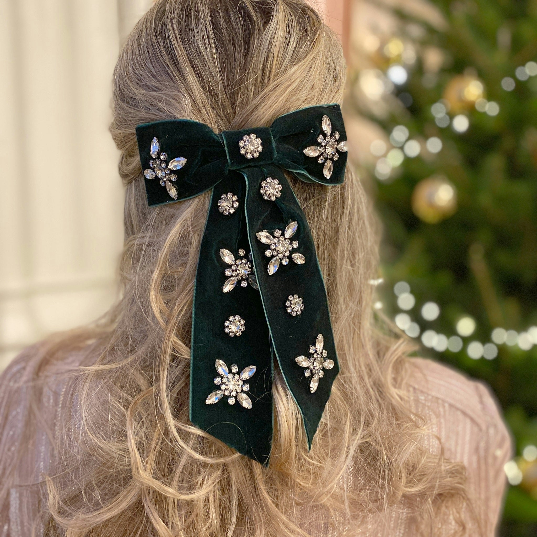 Queenmee Accessories Green Velvet Bow Hair Clip In With Jewels