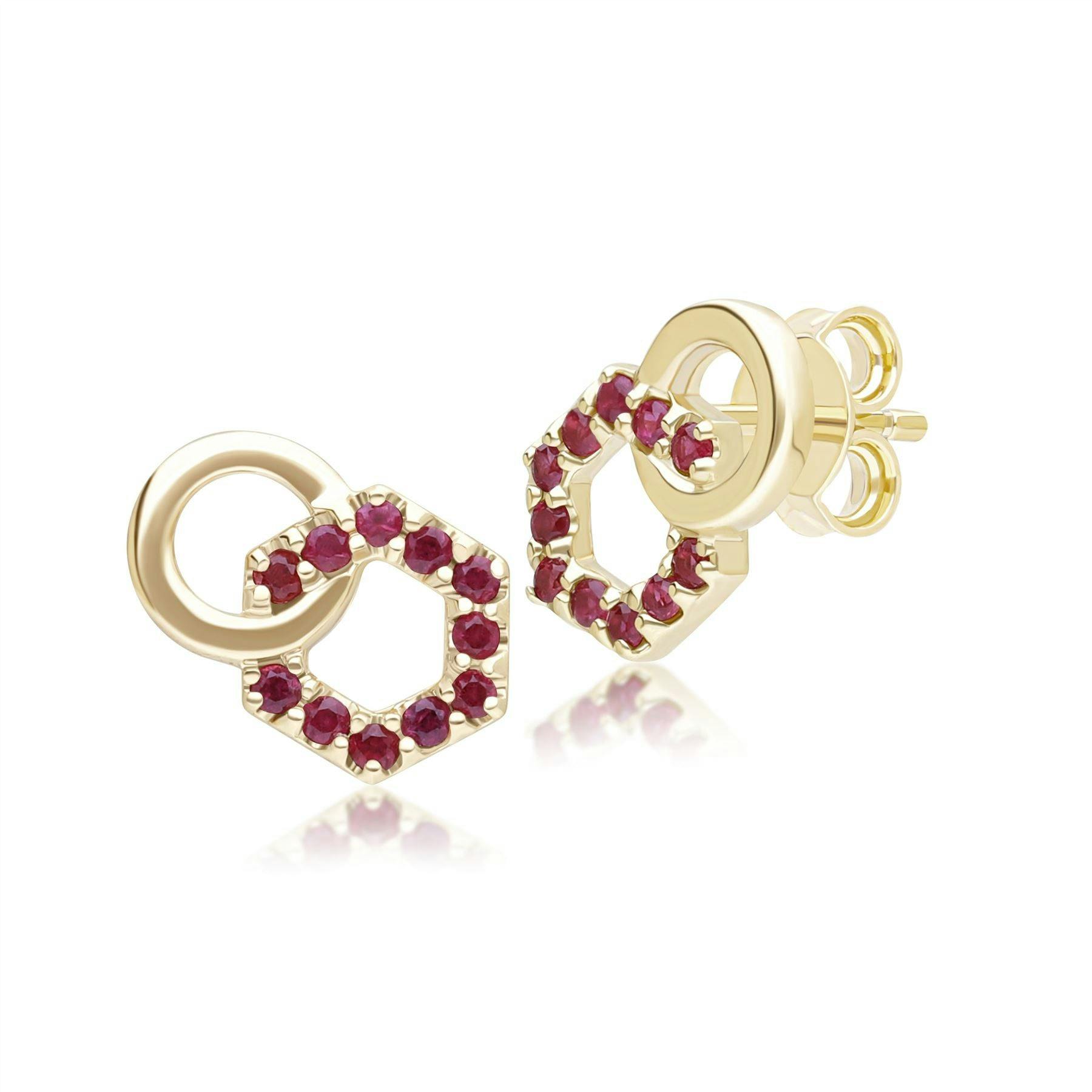 Gemondo Yellow/Gold Geometric Hexagon And Round Linked With Prong Set Ruby Stud Earrings In 9Ct