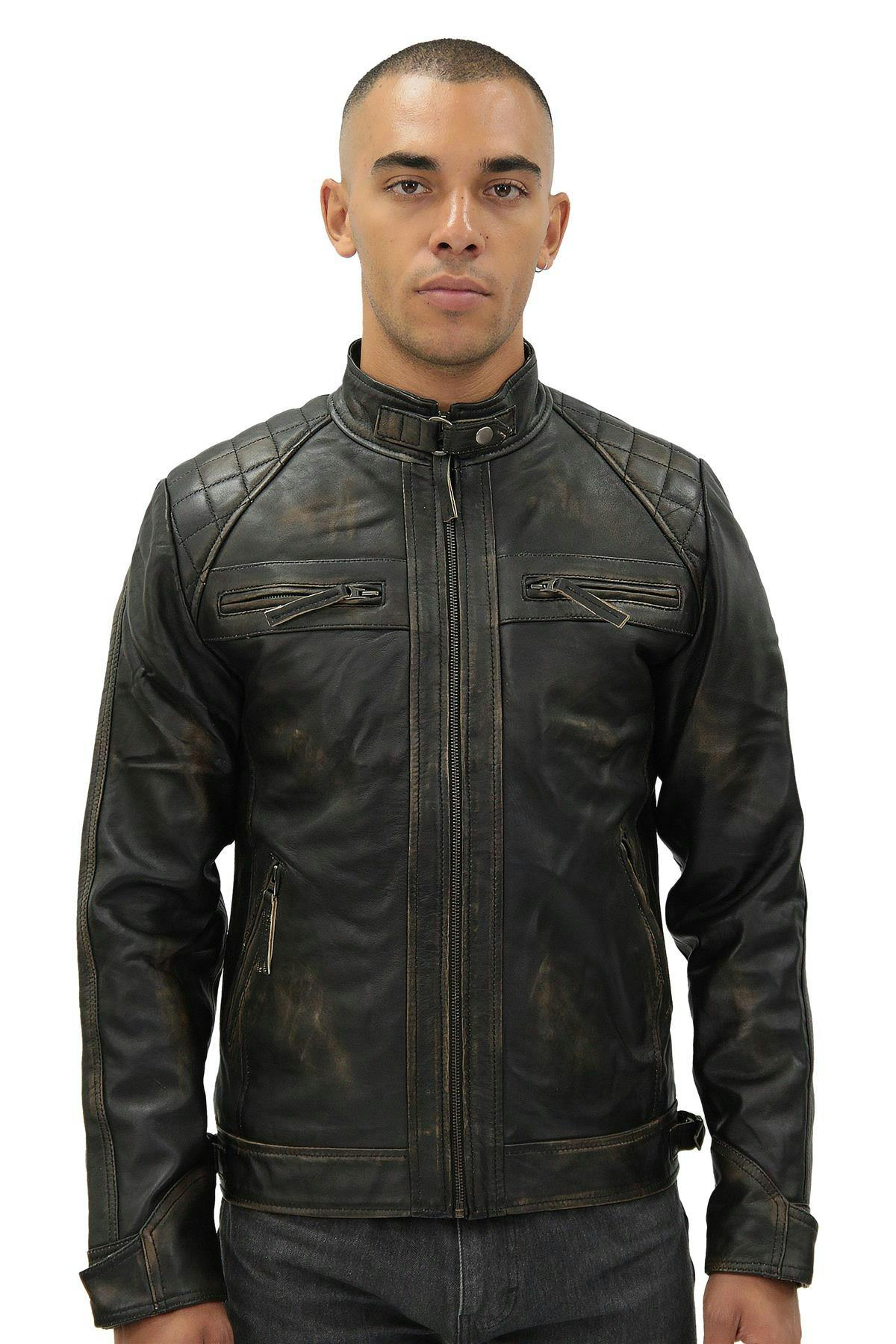 Infinity Leather Men's Black Vintage Leather Quilted Biker Jacket-Monaco - Vintage - Uk 3XL | Eu 56 | Us 46