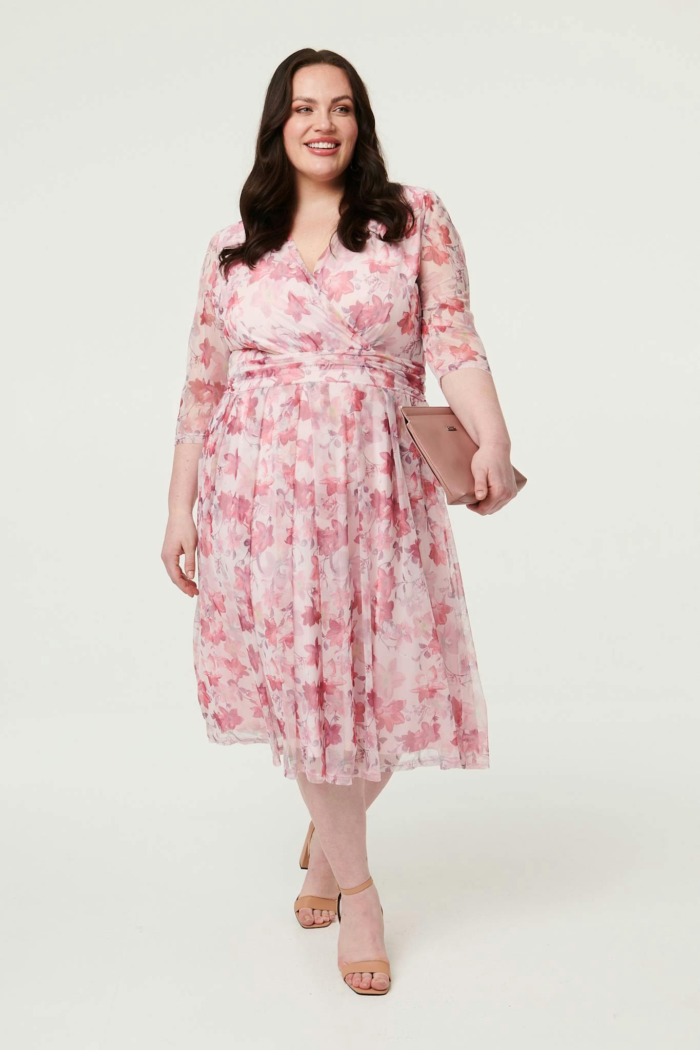 Izabel London Red Curve Floral Wrap 1/2 Sleeve Midi Dress - 22