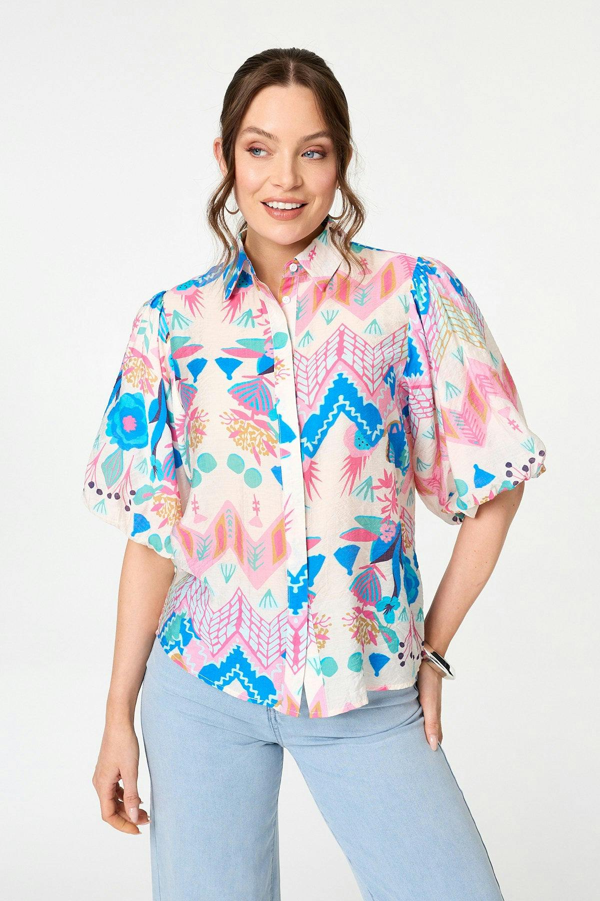 Izabel London Blue Abstract 1/2 Puff Sleeve Buttoned Shirt - 10