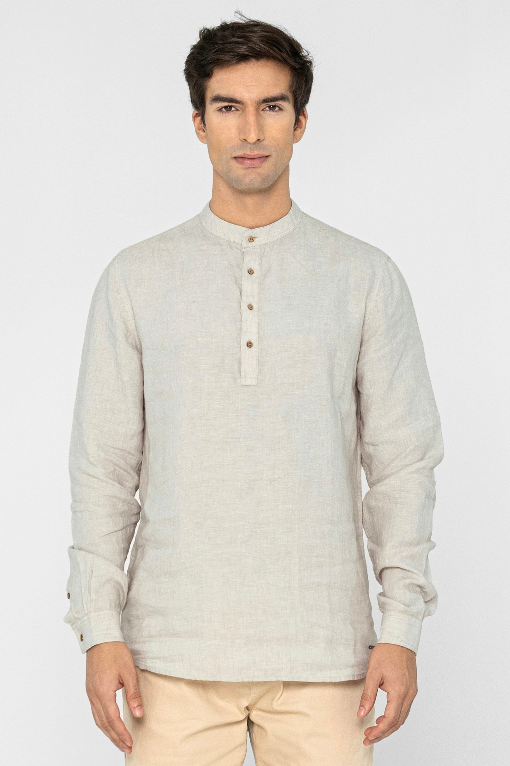 Enorsia Men's Grey Band Collar Linen Shirt - Xxl - 100% Linen Plain
