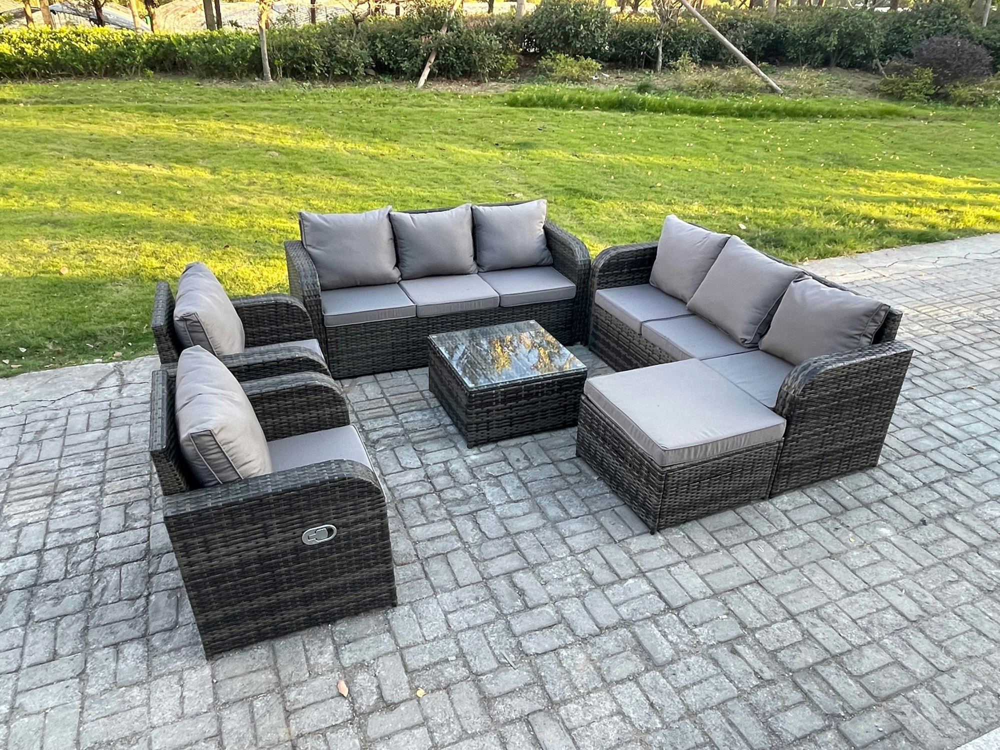 Fimous Dark/Grey High Back Rattan Garden Furniture Set With Square Coffee Table Big Footstool Indoor Outdoor Patio Lounge Sofa Set Mixed