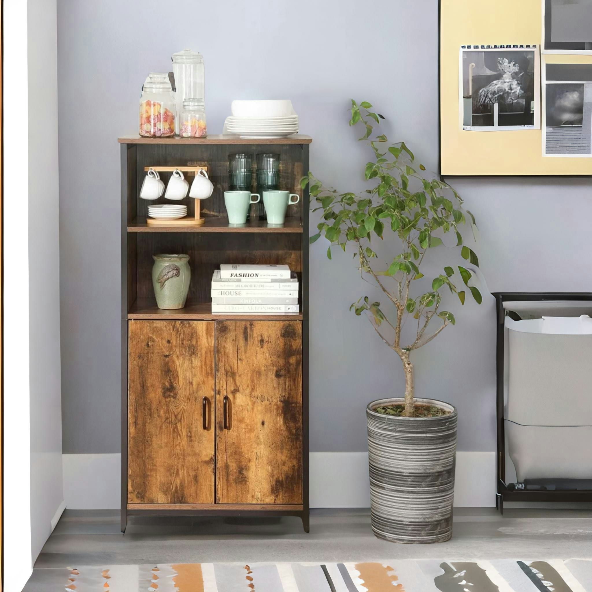 Rafaelo Mobilia Brown Multipurpose Kitchen Sideboard Cabinet With 2 Open Shelves Rustic