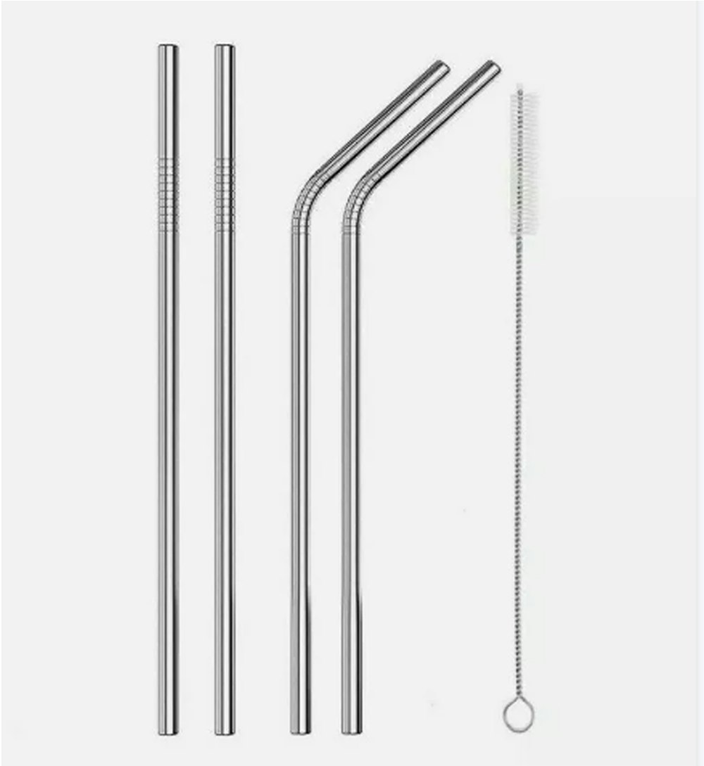 Rackhams Straws Drinks Set Brush Stainless Steel 4Pcs Mixed - Chrome - Stainless Steel