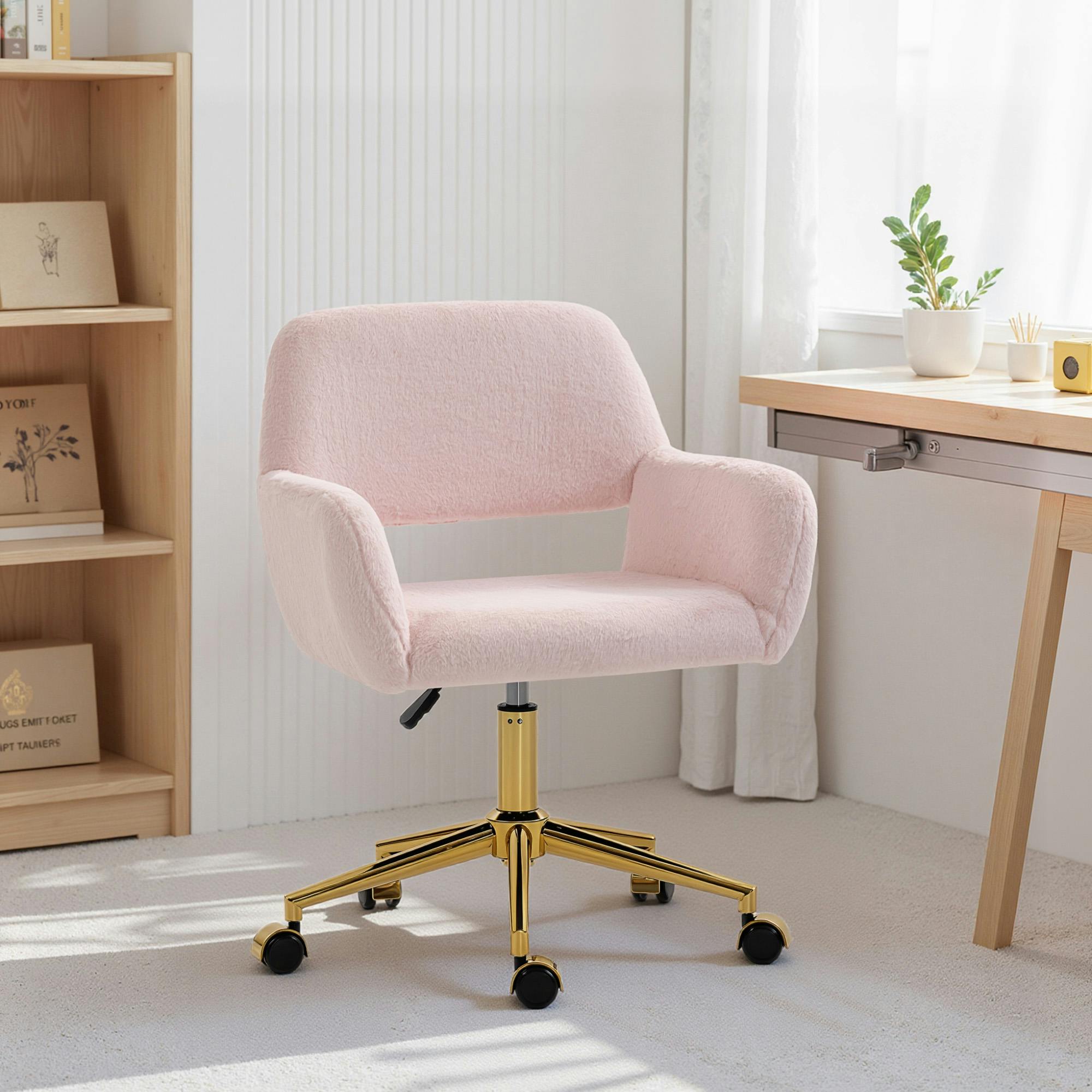 HOMCOM Swivel Office Chair, Vanity Desk Chair with Adjustable Height, Wheels in Light Pink - Image 2