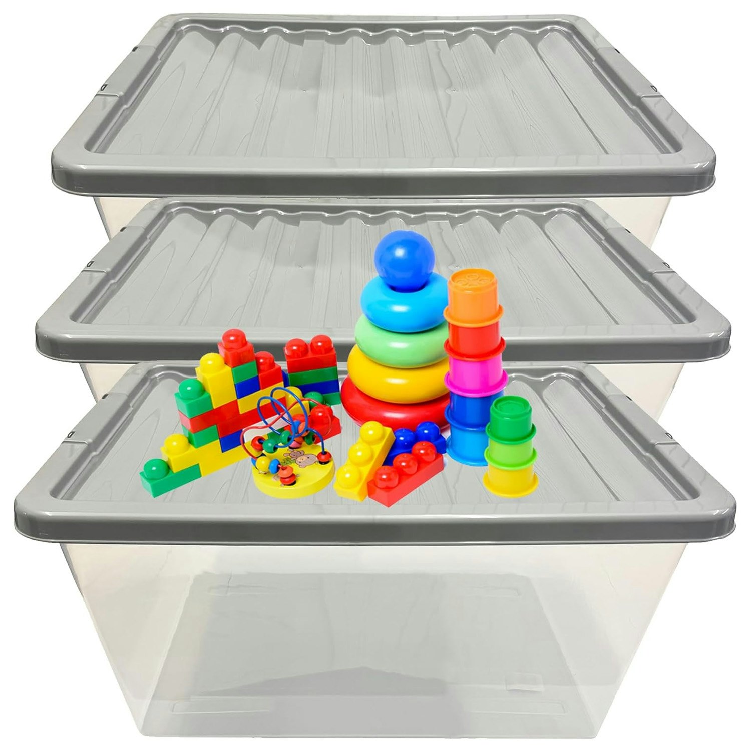 Rackhams Silver 3 X 62L Stackable Clear Plastic Storage Boxes With Lids