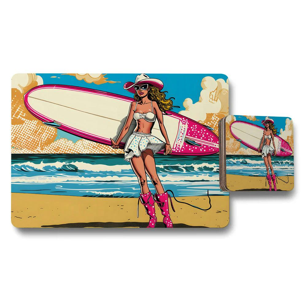 Rackhams Girls Pink Surfing Placemats And Coaster Set With Surfboard Design