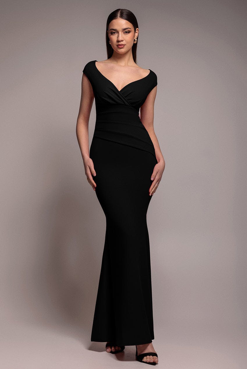 Goddiva Black Bardot Pleated Maxi Dress - By - 14