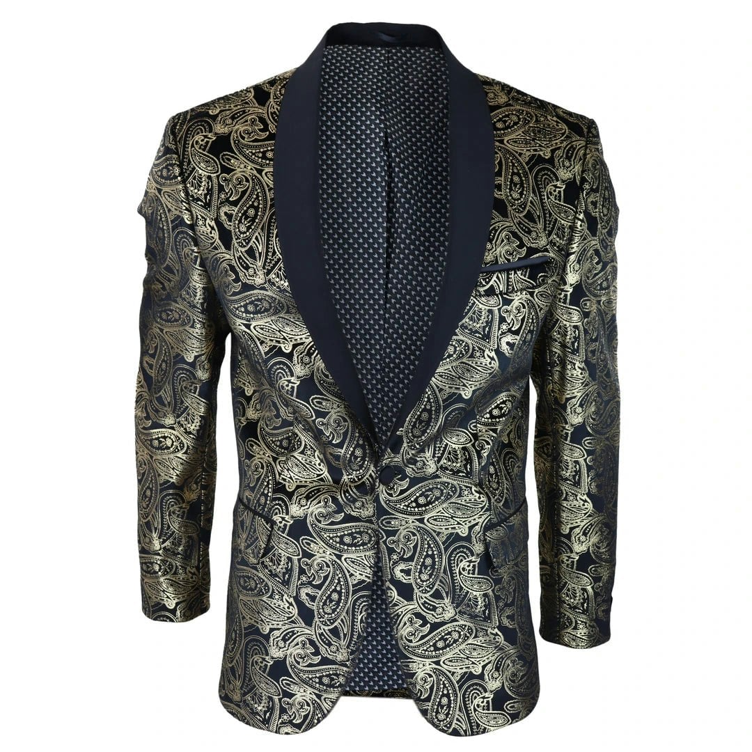 Truclothing Men's Black/Gold/Silver Stz64-65 - Velvet Paisley Floral Blazer Tuxedo Jacket - 48