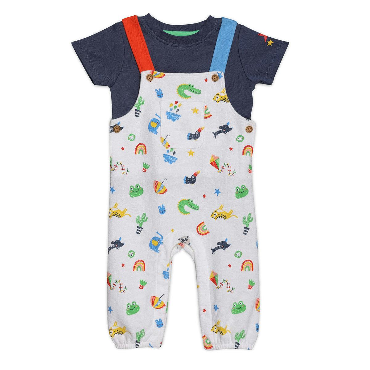 Mini Cuddles Men's Baby Boys Animal & Rainbow Printed Dungaree Set, Multicolour - 12-18 Months