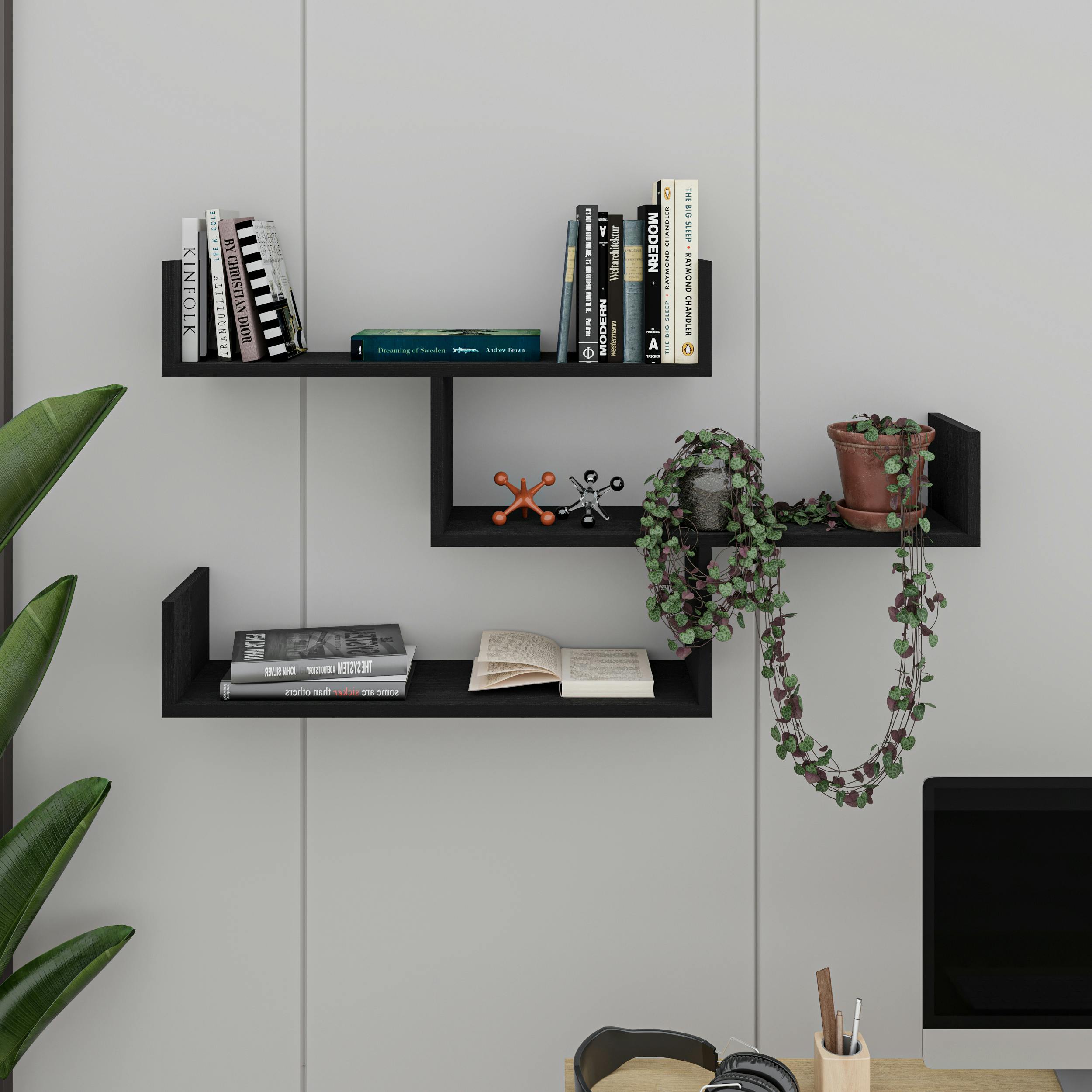 Decortie Black Modern Tibet Wall Mounted Shelf Floating Bookcase Display Unit 66.5X119x22cm - Wood
