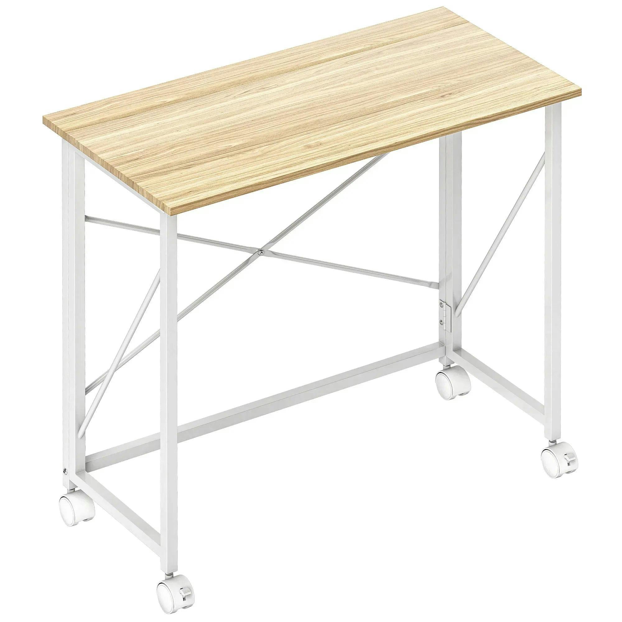 HOMCOM Foldable Desk with Wheels - Natural Wood - Small - Brown - Image 3