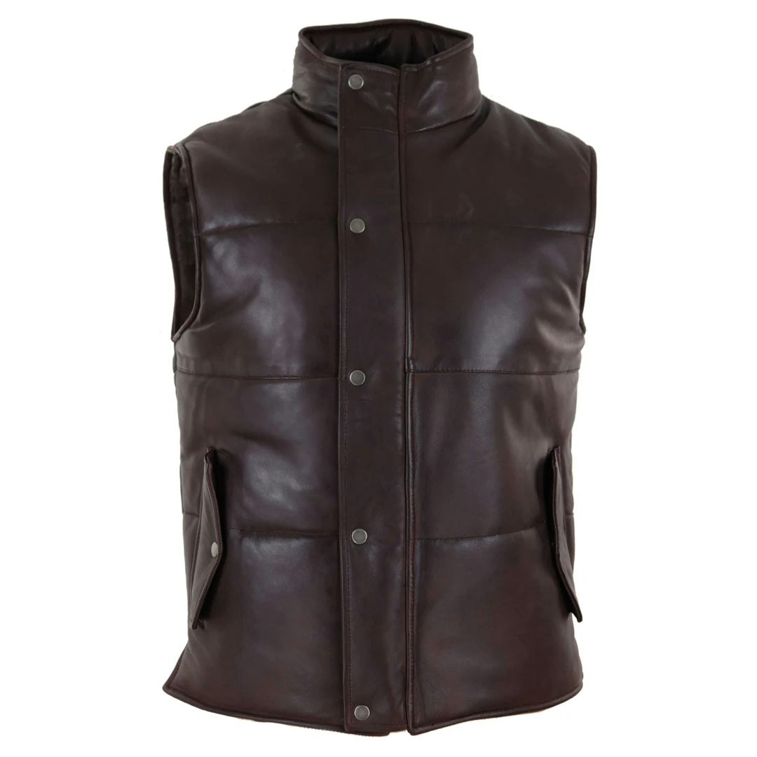 Infinity Leather Men's Brown Leather Company Leather Waistcoat Gilet Quilted Puffer Warm Zip - 5XL