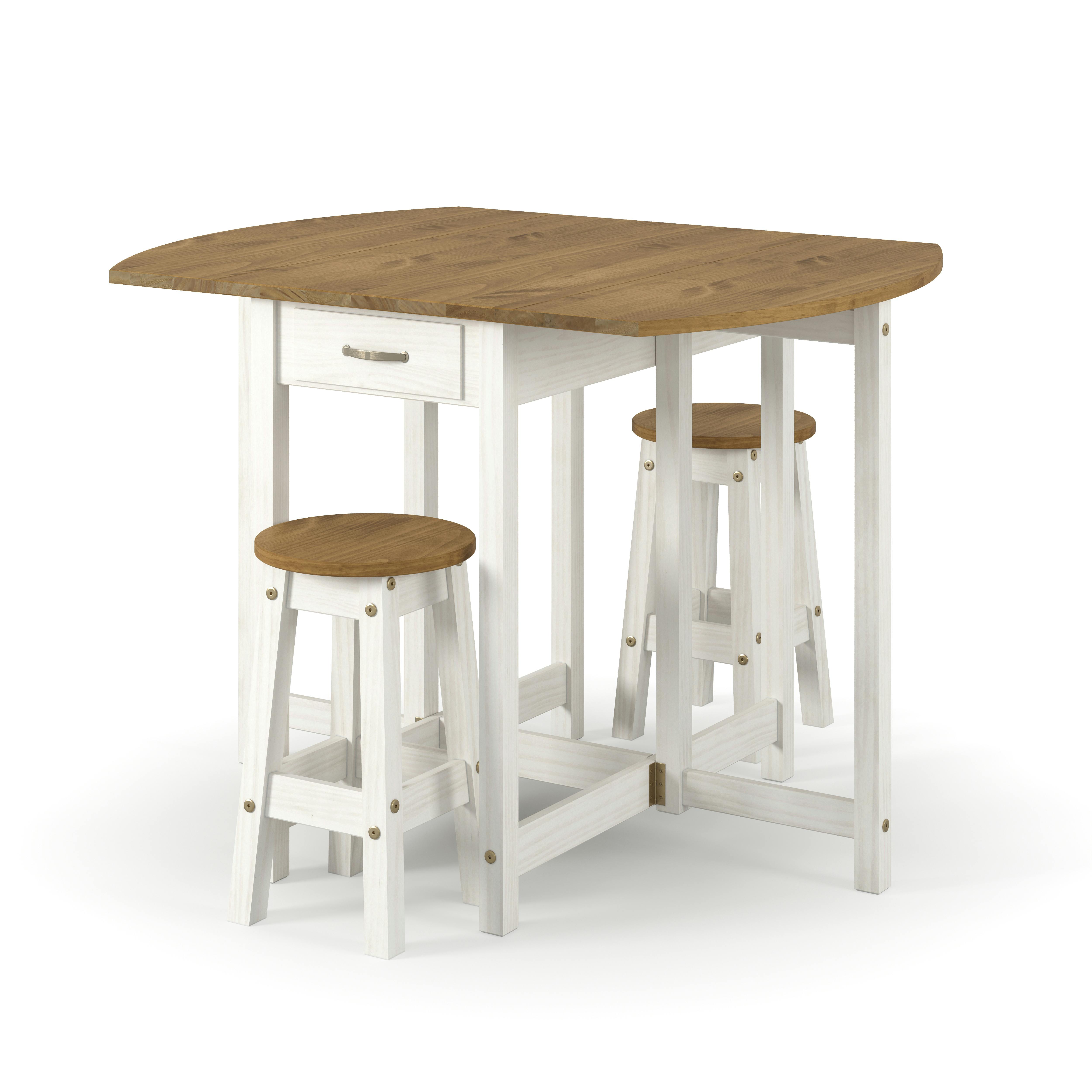 Core Products White Corona 3-Piece Breakfast Dining Set, Drop-Leaf Table & 2 Stools