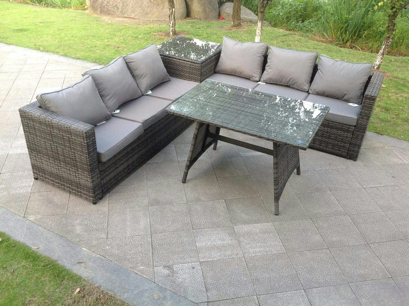 Rackhams Grey 6 Seater Rattan Sofa Dining Set 2 Tables Garden Furniture Outdoor