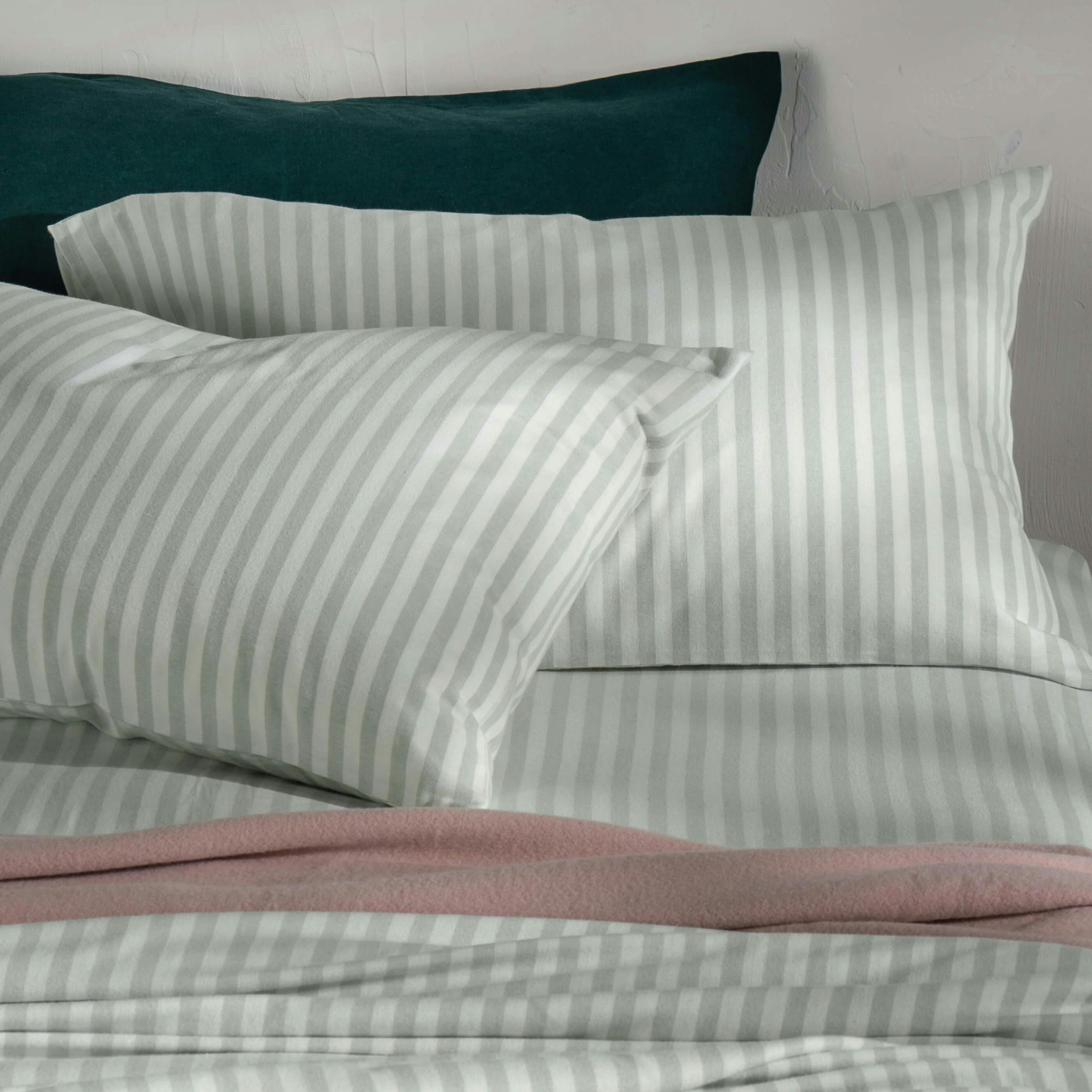 Soak&Sleep Green Misty Herringbone Stripe Cotton Housewife Pillowcases - Standard - Pair - Housewife