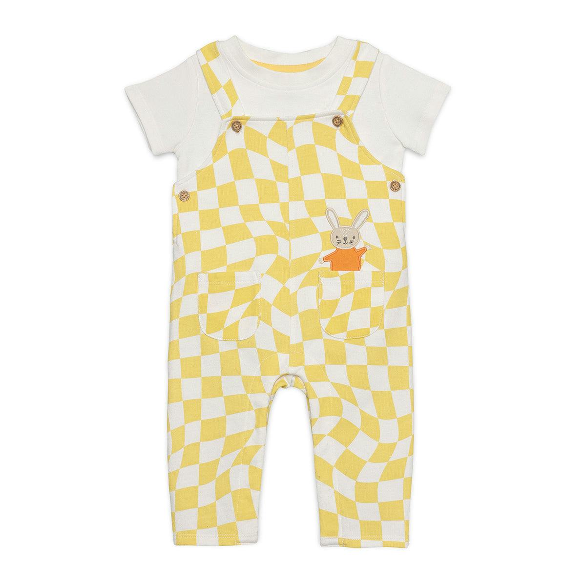 Mini Cuddles Men's Yellow Baby Boys Checked Dungaree Set With Bunny Applique, - 18-24 Months