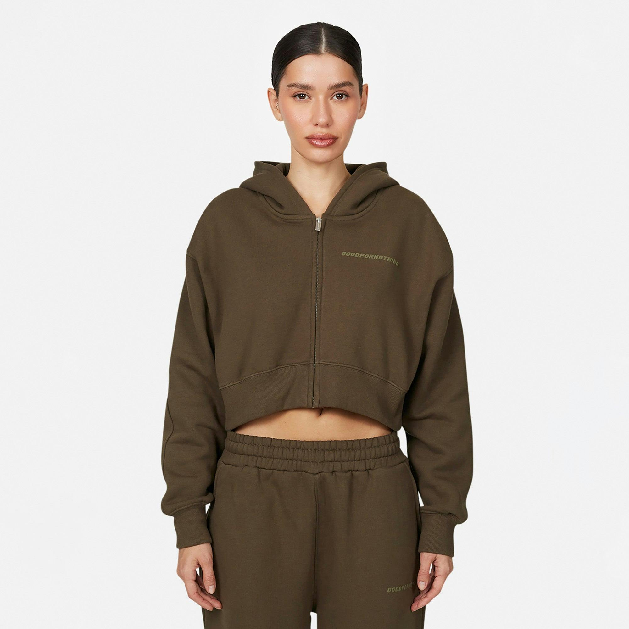 Good For Nothing Brown Tonal Cropped Zip Hoodie - M