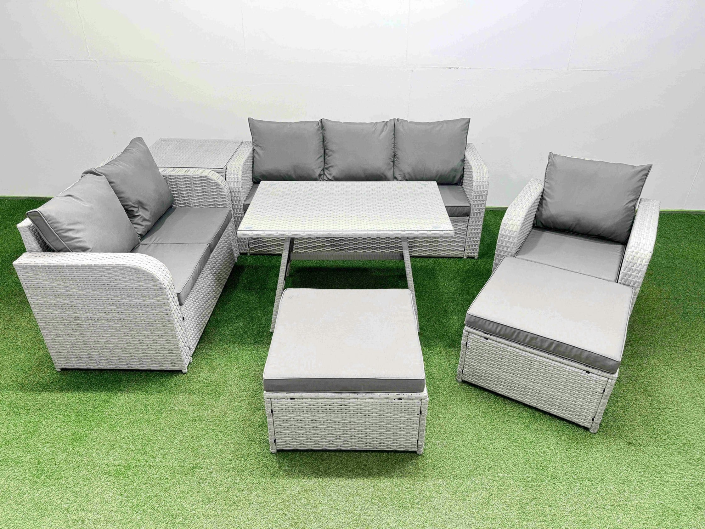Rackhams Light/Grey Rattan High Back Lounge Sofa Set Patio Dining Table & Chairs Set With 3 Seater Sofa Reclining Chair Side Table 2 Big Stool