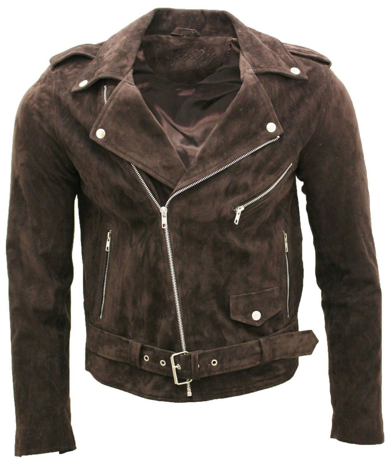 Infinity Leather Men's Brown Goat Suede Leather Brando Biker Jacket-Melbourne - Uk 2XL | Eu 54 | Us 44