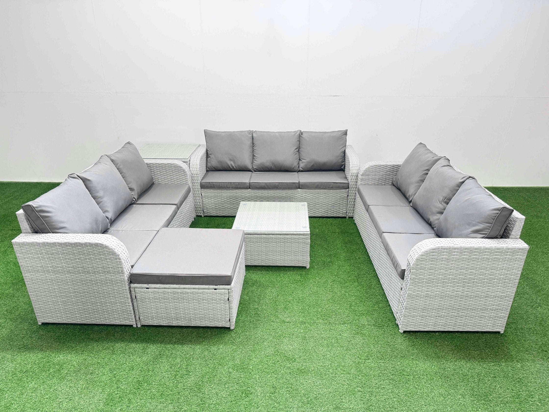 Rackhams Light/Grey Pe Rattan Lounge Sofa Set 10 Seater Outdoor Garden Furniture Set With Square Coffee Table 3 Seater Sofa Big Footstool Side Table