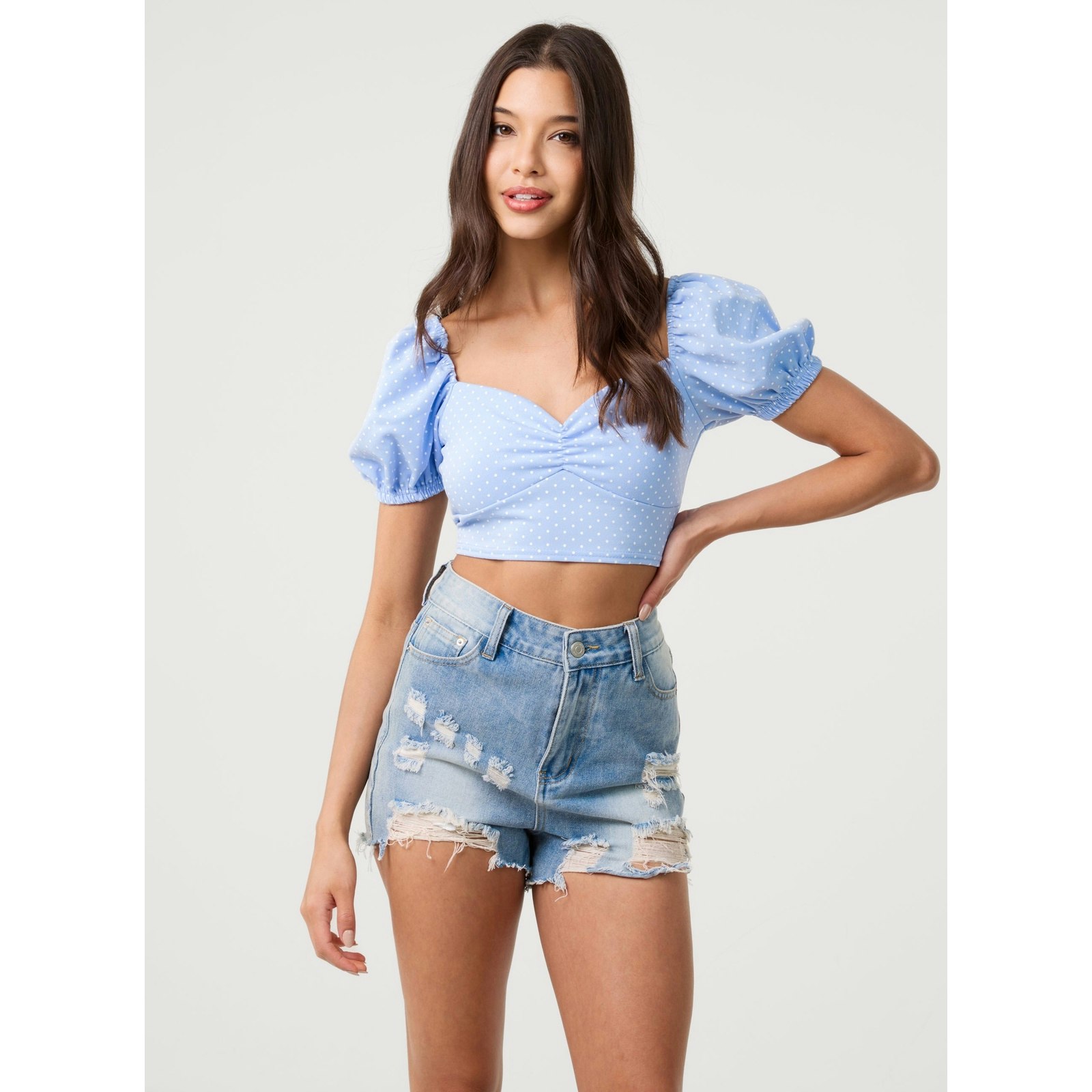 Pink Vanilla Pink/Blue Vanilla Polka Dot Puff Sleeve Top - L