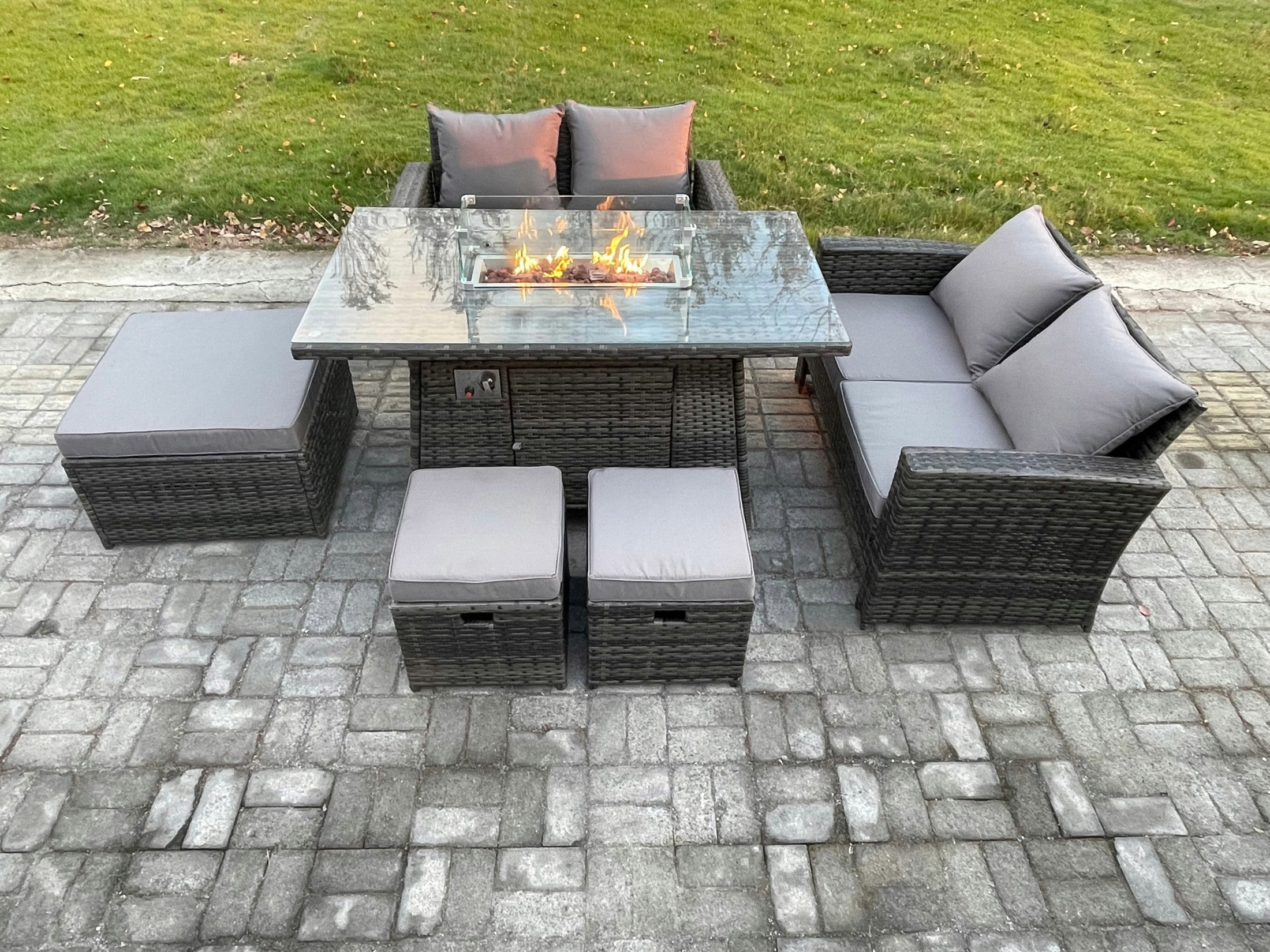 Rackhams Dark/Grey 7 Seater Rattan Garden Furniture Set Outdoor Lounge Sofa Chair Gas Fire Pit Dining Table Set With 3 Footstools Double Seat Sofa