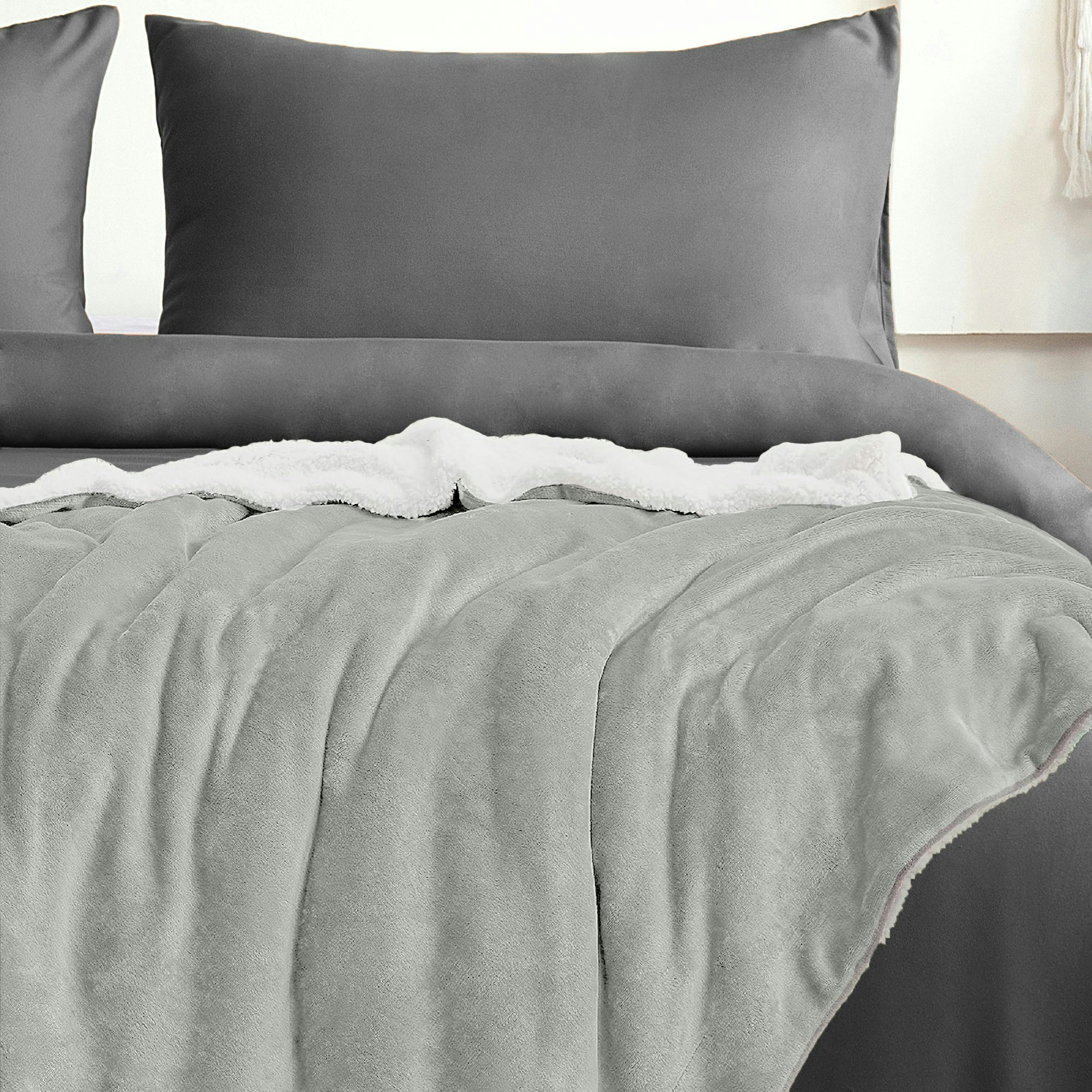 Rackhams Peach/Grey Evali Plain Textured Sherpa Reverse Throw - 127Cm X 157Cm