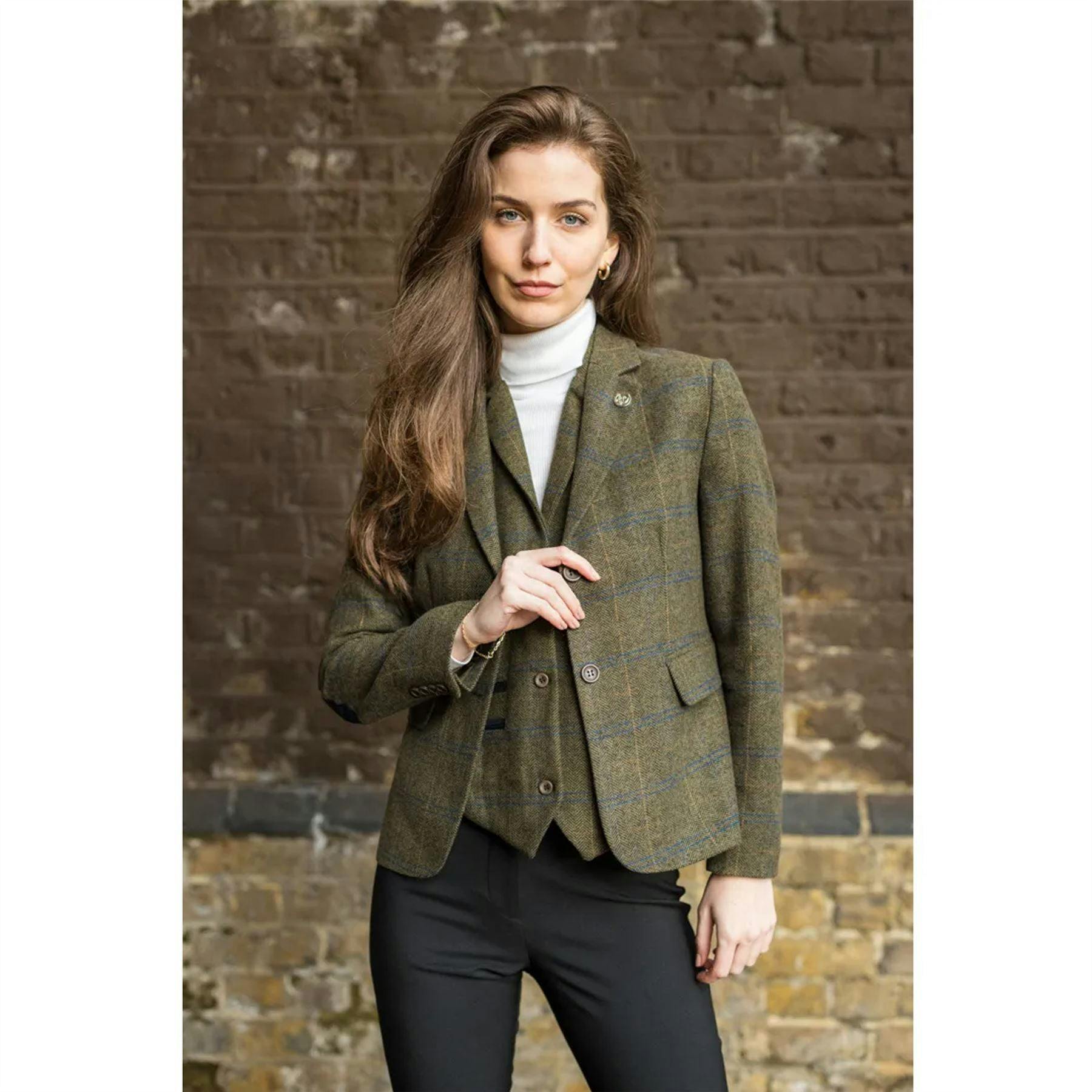 Truclothing Women's Green Olive 2 Piece Set Tweed Blazer Waistcoat In Herringbone Check - Olive - Uk Xl/16 | Eu 42 | Us 12