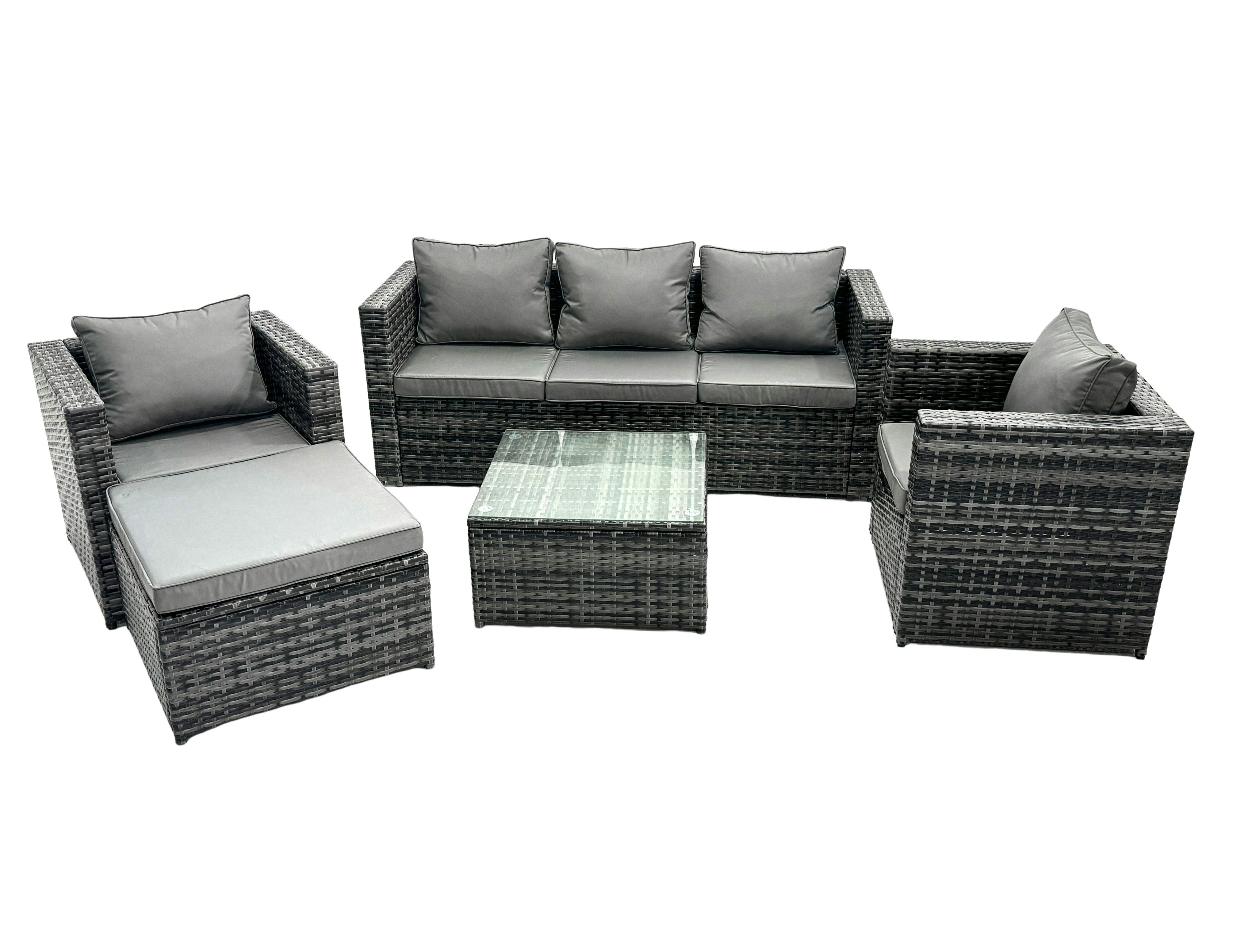 Fimous Dark/Grey Lounge Mixed Rattan Sofa Set With Tables 2 Armchair Stool Outdoor Garden Furniture Patio 6 Seater