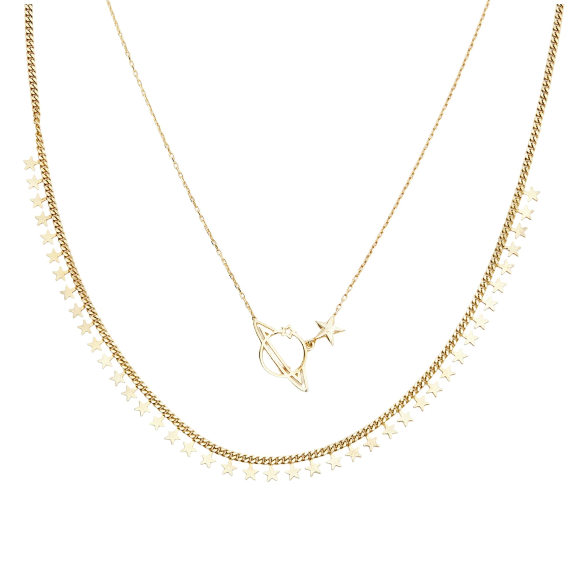 Spero London Silver/Gold Multiple Star Sterling Station And Saturn Necklace Set