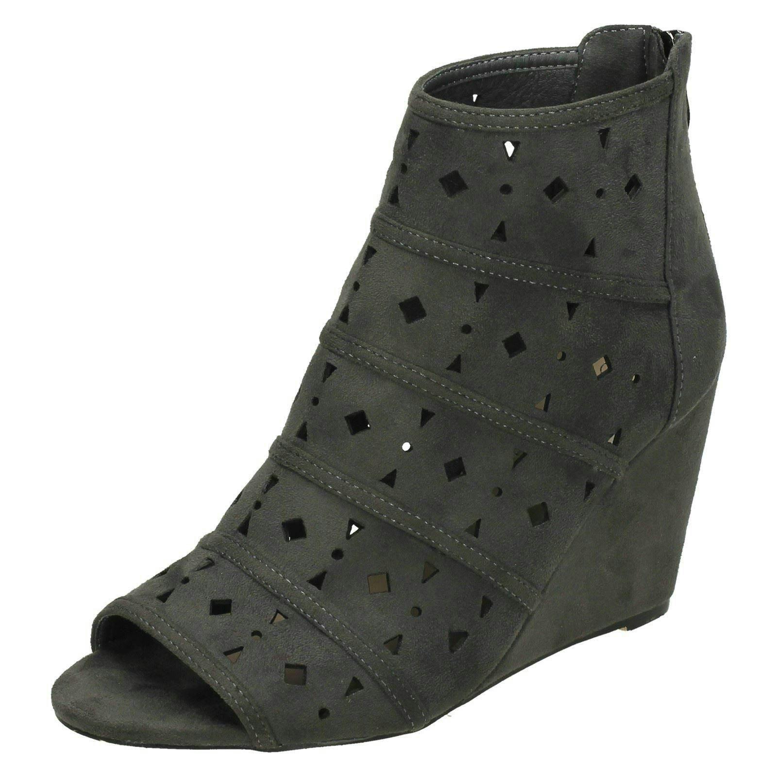 Spot On Women's Grey High Wedge Peeptoe Ankle Boots - Uk 3